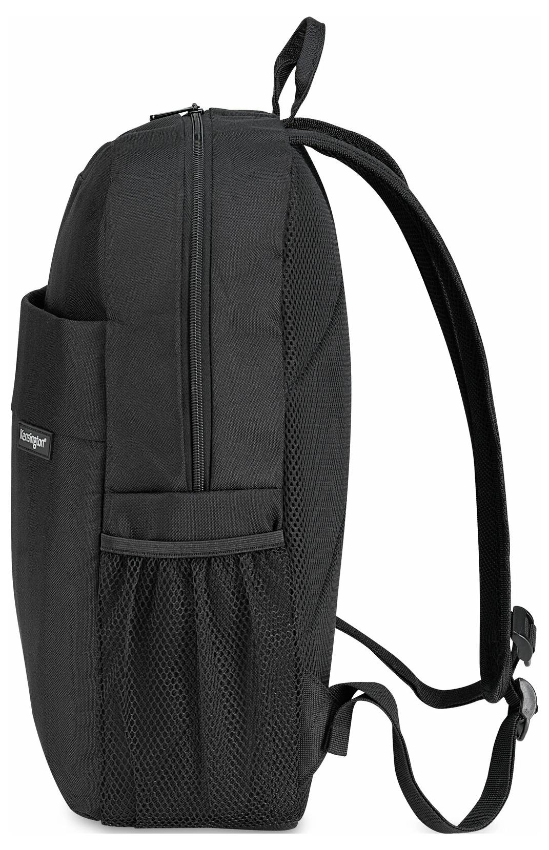 Ein schwarzer Rucksack mit Reißverschluss und Netz-Seitentaschen, von der Seite gesehen. Geeignet für den Alltagsgebrauch.