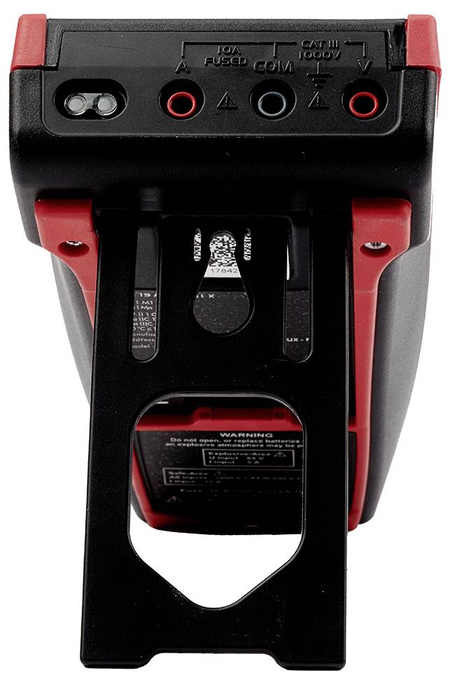 Ein digitales Multimeter mit roten und schwarzen Anschlüssen. Die Anzeige zeigt eine Warnung zur richtigen Verwendung der Anschlüsse.