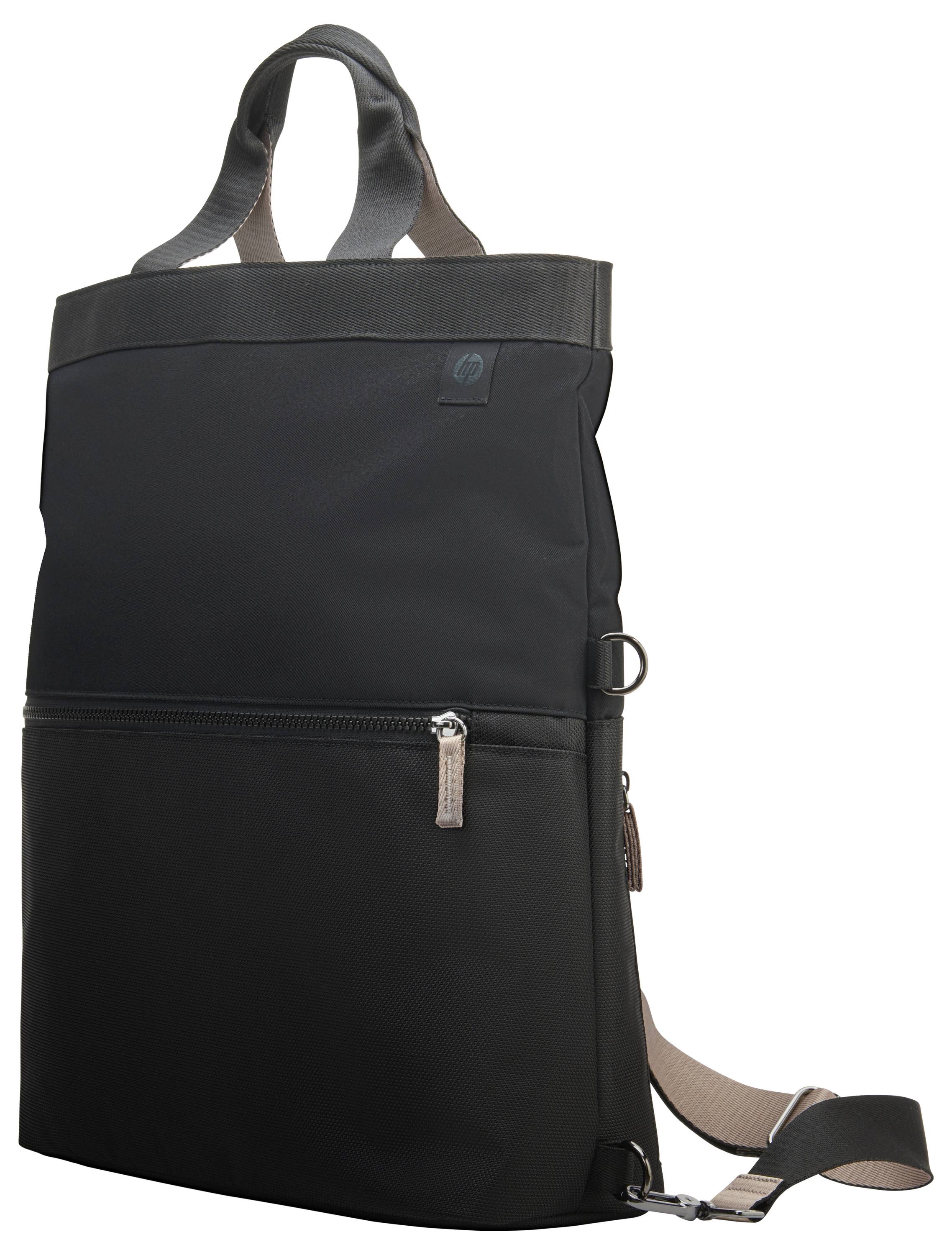 Ein stilvoller schwarzer Rucksack mit braunen Riemen, geeignet für das tägliche Pendeln oder Reisen, mit Reißverschluss vorne.