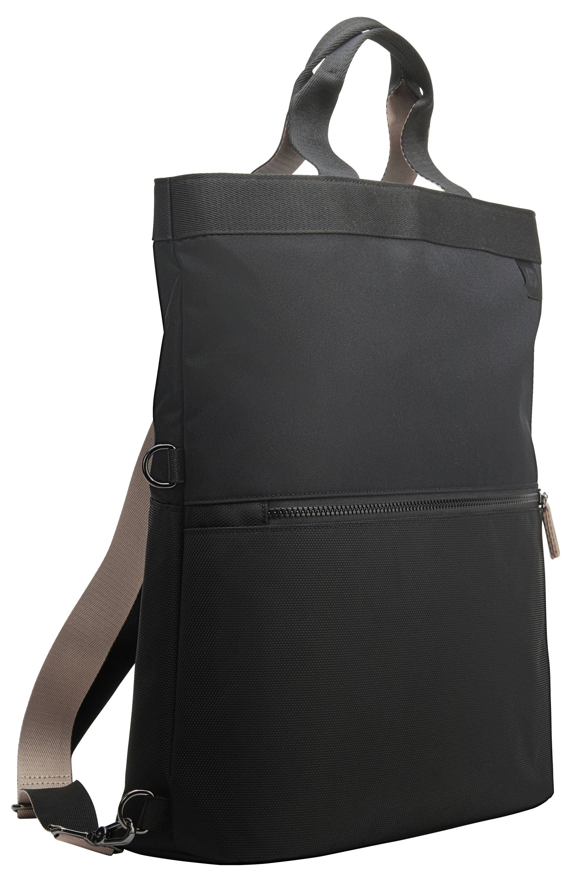 Schwarzer Rucksack mit braunem Schultergurt und zusätzlichem Tragegriff oben, Reißverschlusstasche auf der Vorderseite erkennbar.