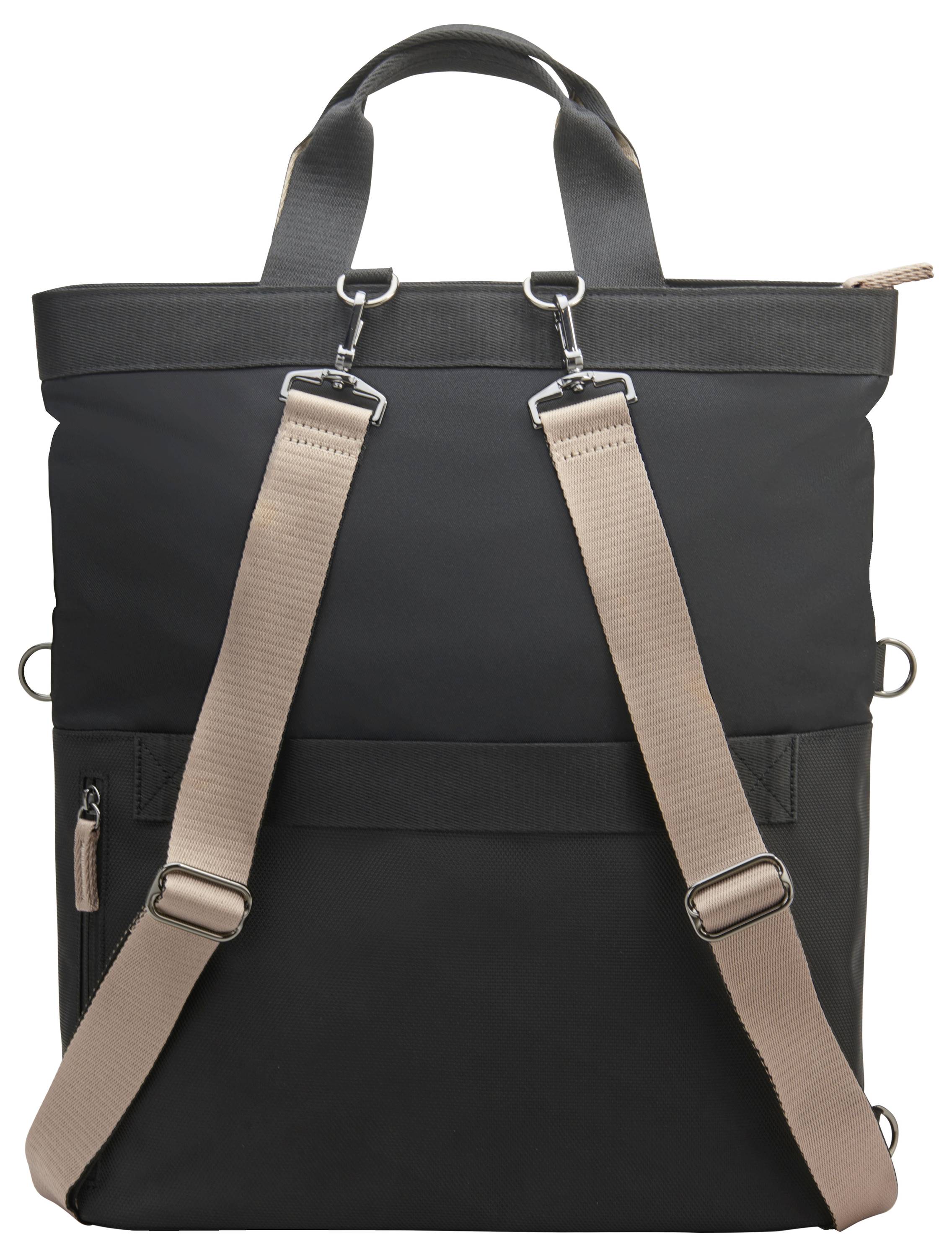 Schwarzer Rucksack mit beigen Trägern und Griffen. Moderne, schlichte Gestaltung. Rechteckige Form mit Reißverschluss oben.