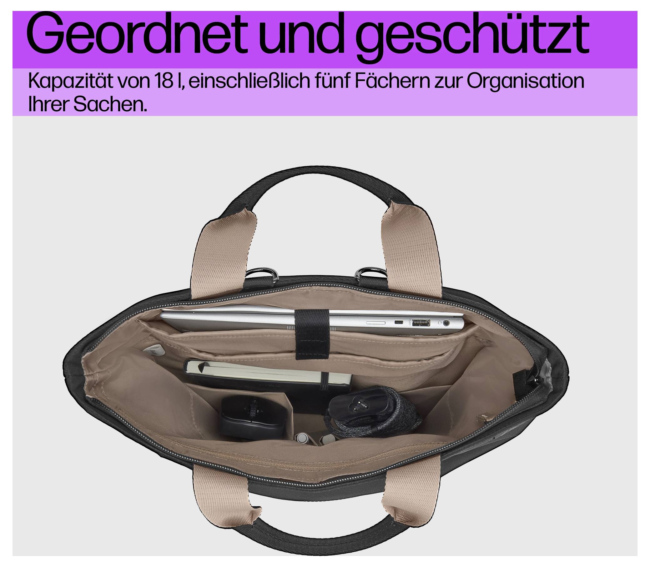 Eine geöffnete Tasche mit Laptop, Handy und Tassen im Inneren. Oberhalb steht 'Geordnet und geschützt' mit Hinweis auf 18 l Kapazität.