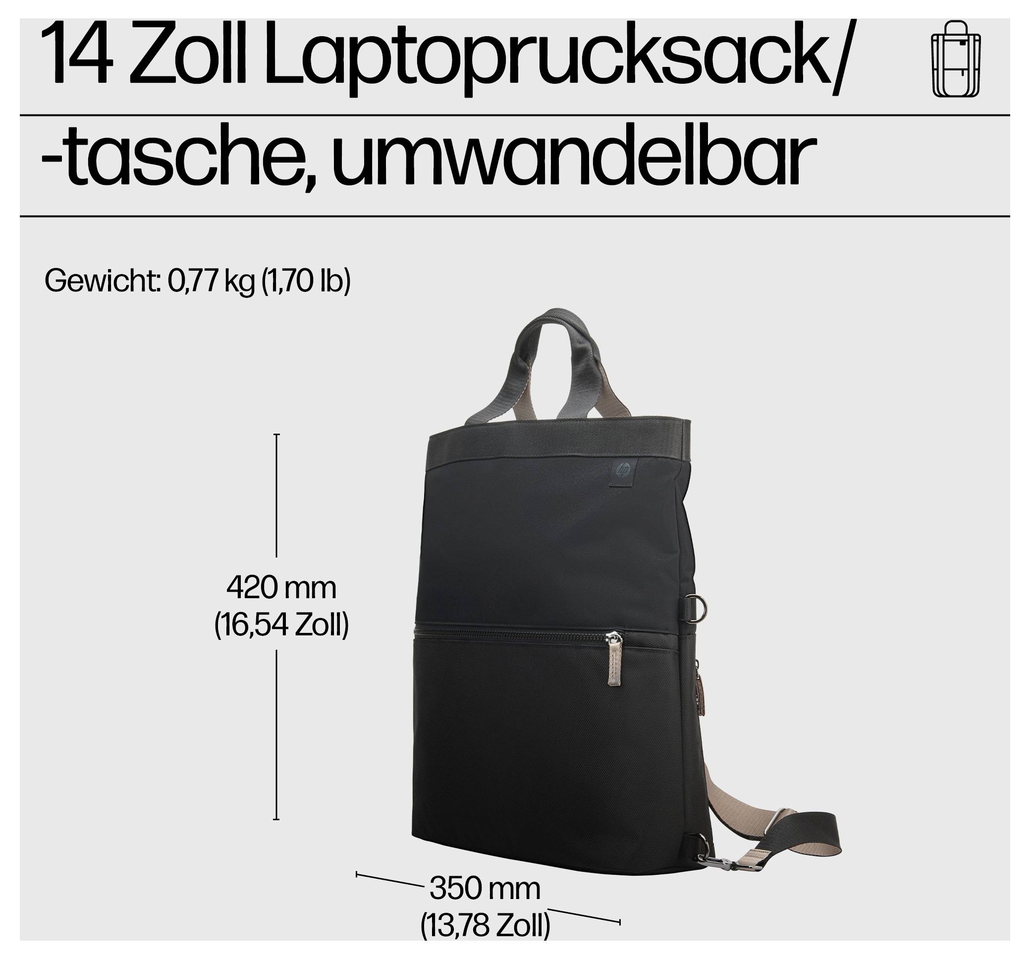 '14 Zoll Laptoprucksack/-tasche, umwandelbar' in Schwarz. Maße: 420 mm hoch, 350 mm breit. Gewicht: 0,77 kg (1,70 lb).