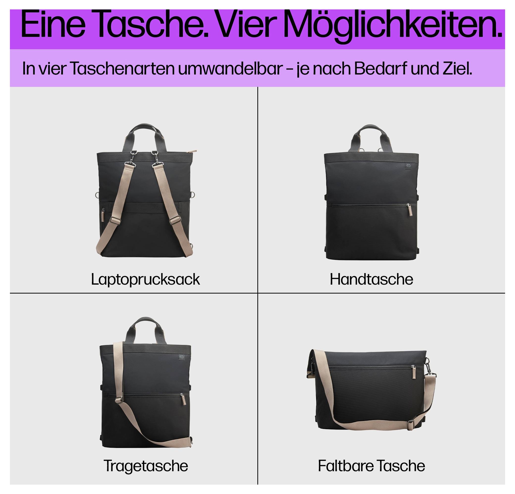 'Eine Tasche. Vier Möglichkeiten.' zeigt einen Rucksack, Handtasche, Tragetasche, und faltbare Tasche. Text: 'In vier Taschenarten umwandelbar – je nach Bedarf und Ziel.'