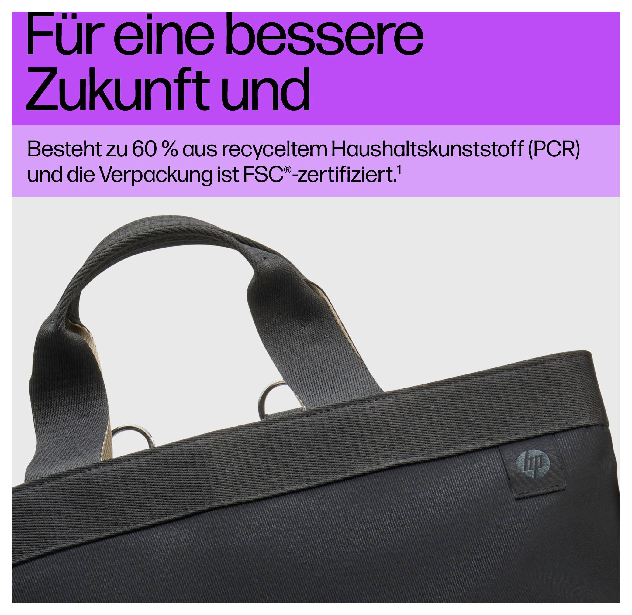 'Für eine bessere Zukunft und' steht oben. Darunter: Tasche aus 60 % recyceltem Kunststoff, FSC-zertifizierte Verpackung.