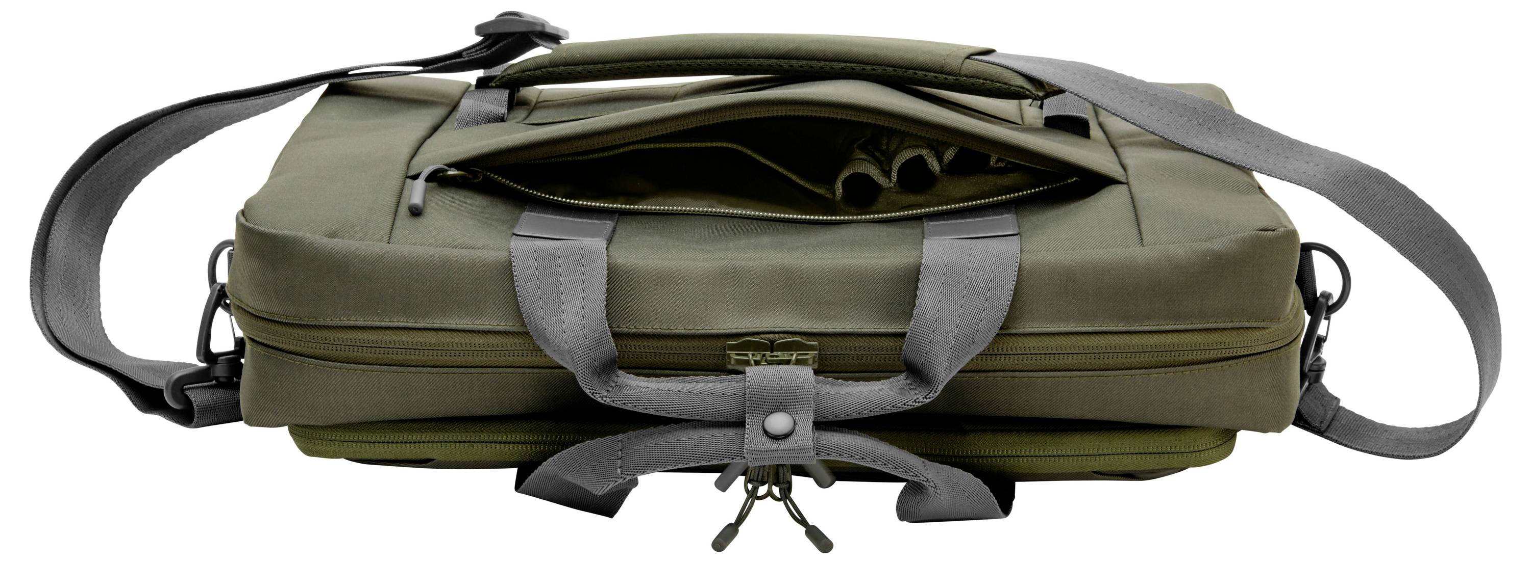 Eine olivgrüne Laptoptasche mit zwei Fächern, robusten Reißverschlüssen und einem verstellbaren Schultergurt.