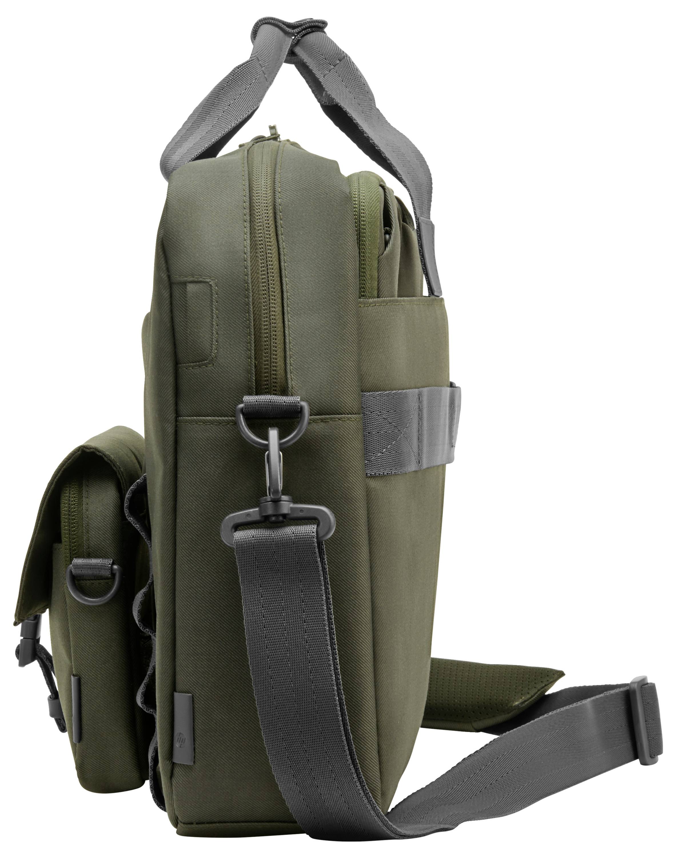 Olivegrüne Umhängetasche aus Stoff mit verstellbarem Schultergurt und zahlreichen Fächern, seitlich fotografiert.