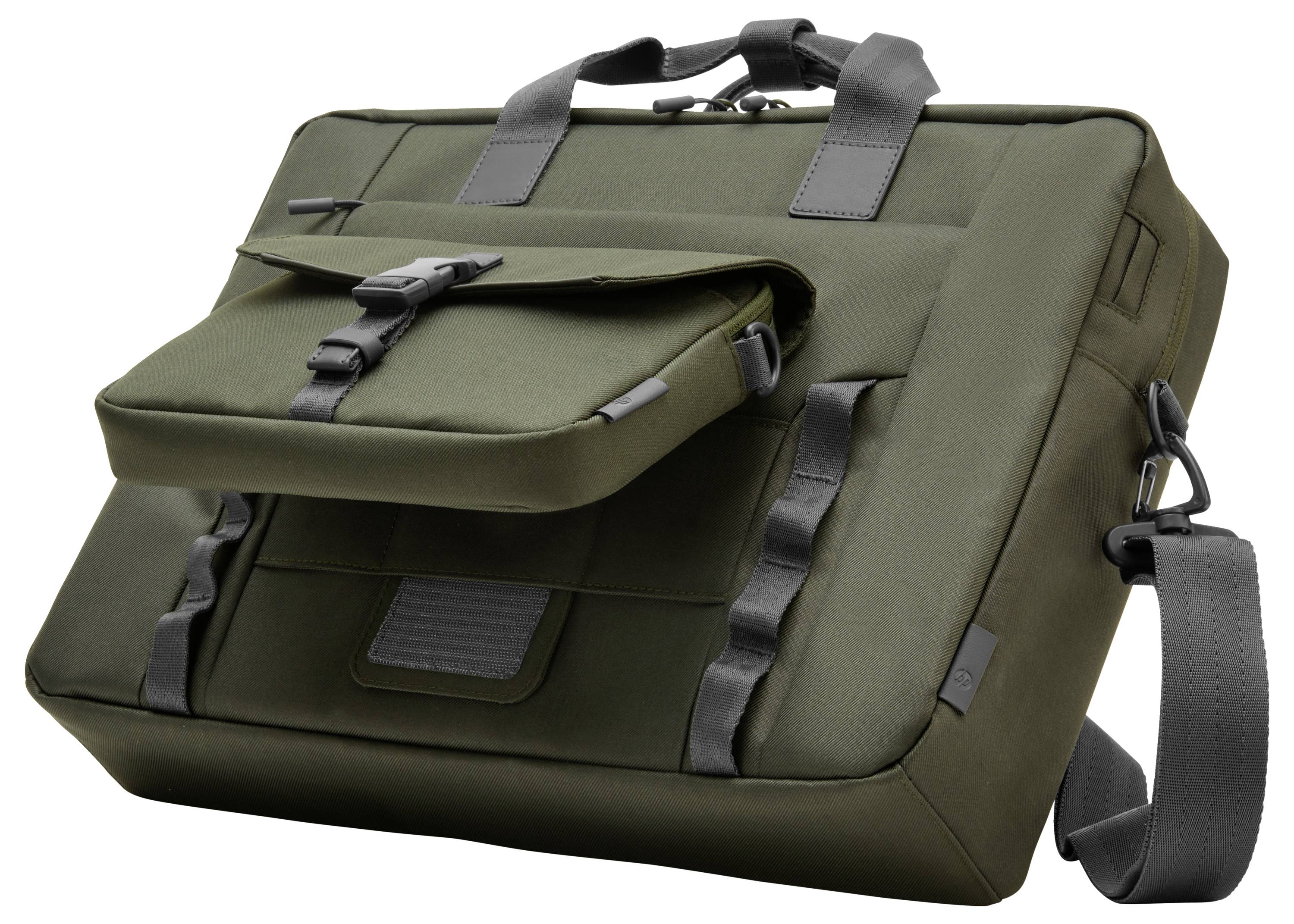 Olivegrüne Umhängetasche mit mehreren Fächern und einem Tragegriff, geeignet für Laptops und berufliche Anlässe.