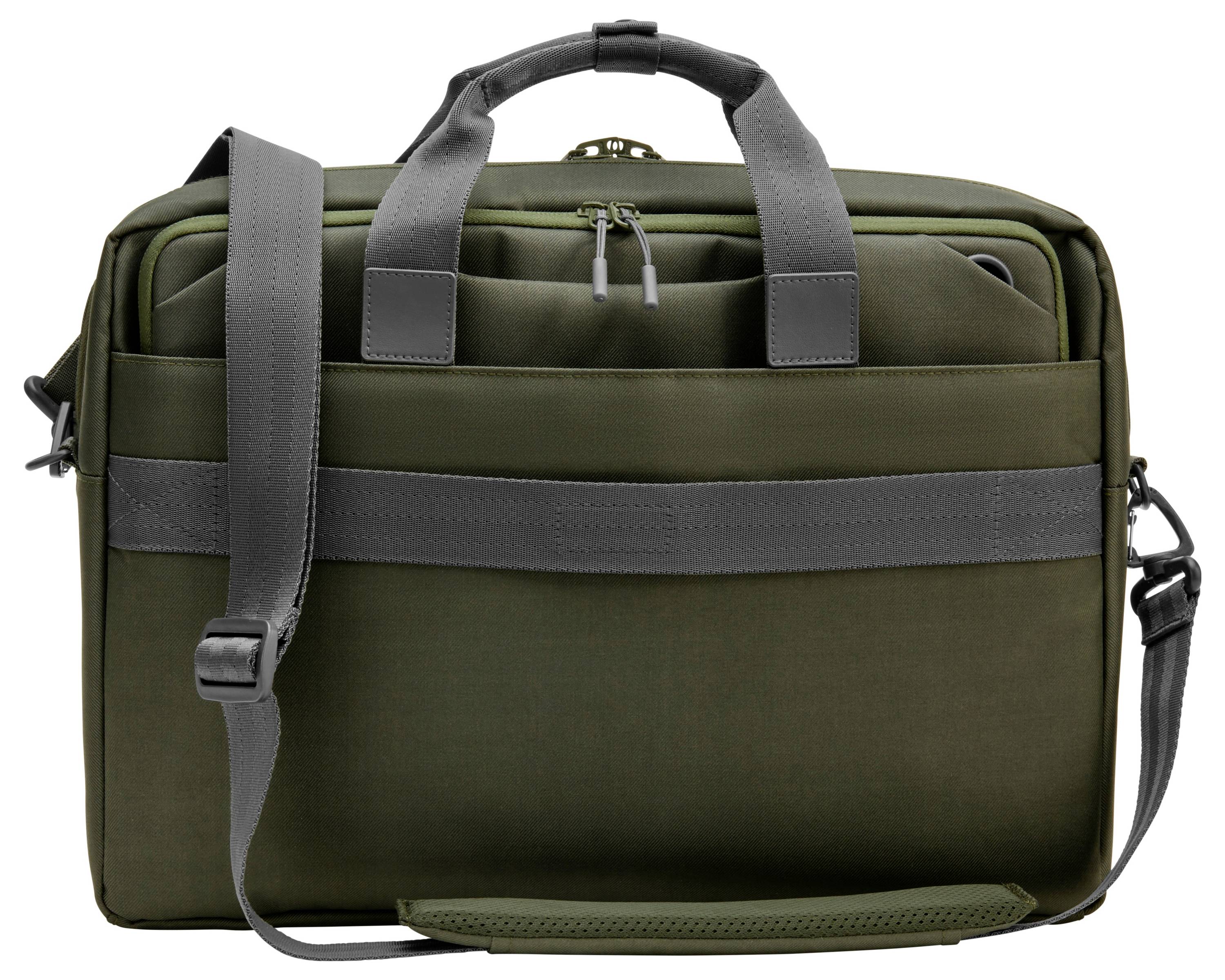 Grüne Aktentasche mit Tragegriff und verstellbarem Schulterriemen. Sie besitzt mehrere Fächer und einen Reißverschluss oben.