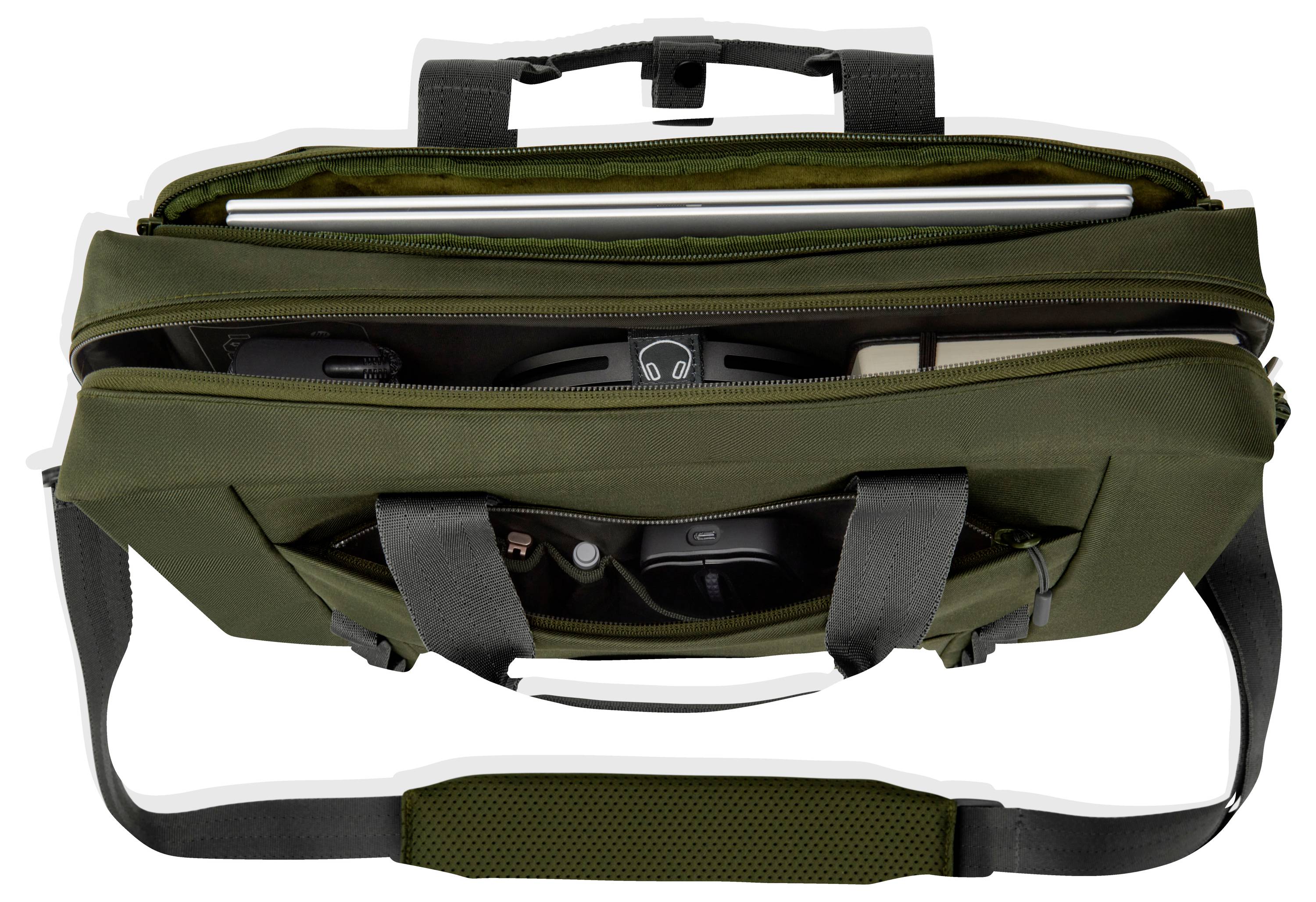 Grüne Laptop-Tasche mit geöffnetem Reißverschluss, zeigt Laptop, Kopfhörer und Kamera im Inneren.