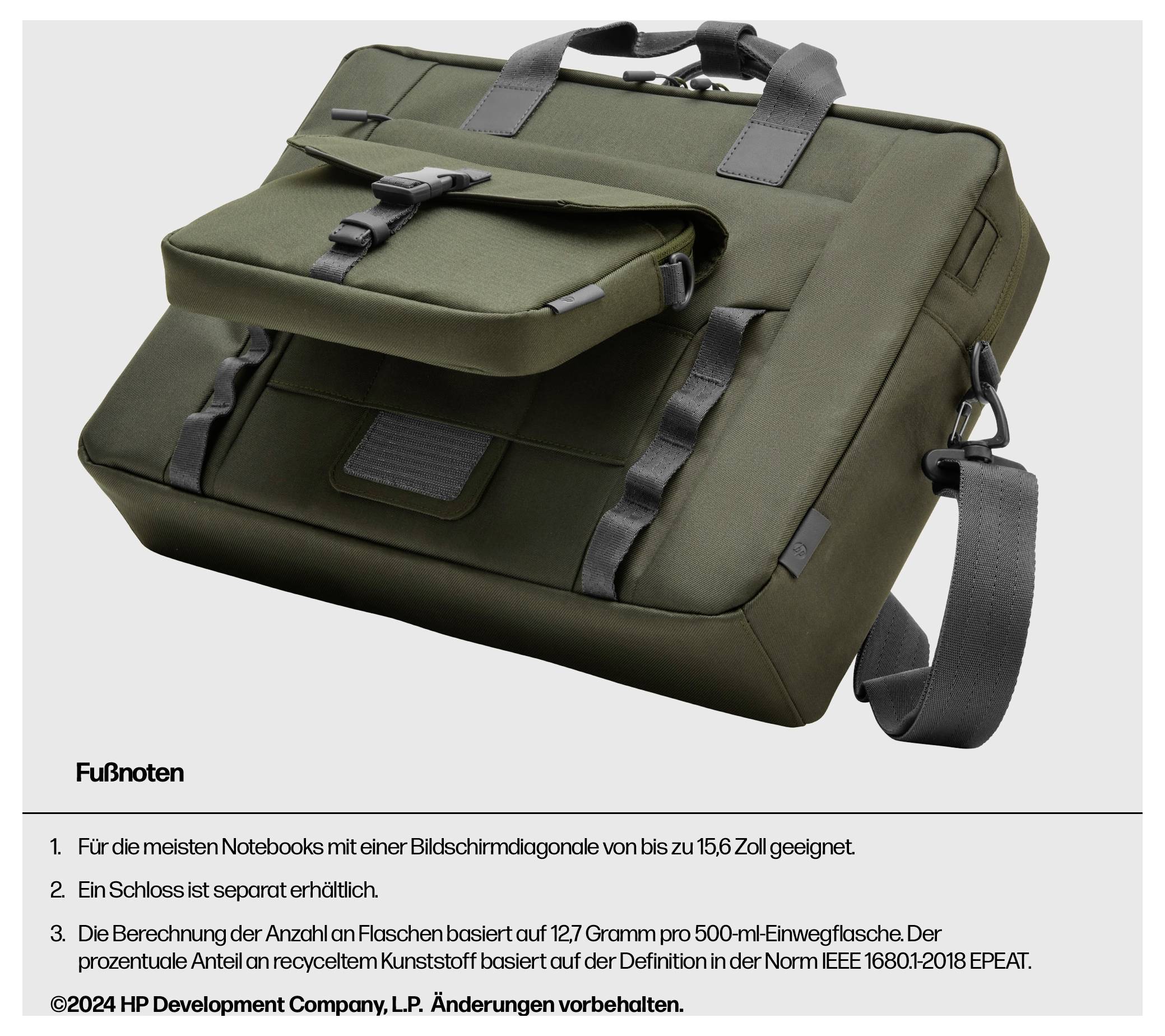Grüne Laptop-Tasche mit Schultergurt, geeignet für Notebooks bis 15,6 Zoll. Zusätzliche Tasche und umweltfreundliches Design.