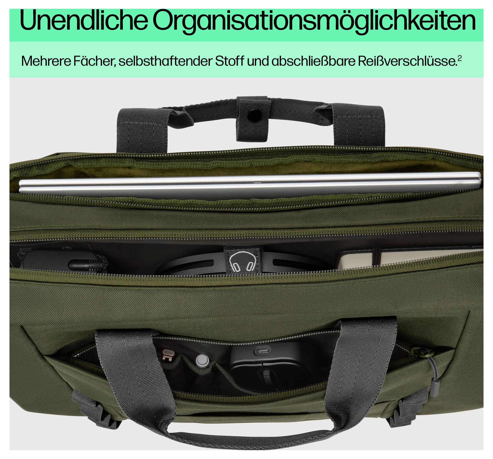 Eine grüne Tasche mit Laptop-Fach, mehreren kleinen Fächern und Reißverschlüssen wird präsentiert, ideal für Organisation und Transport.