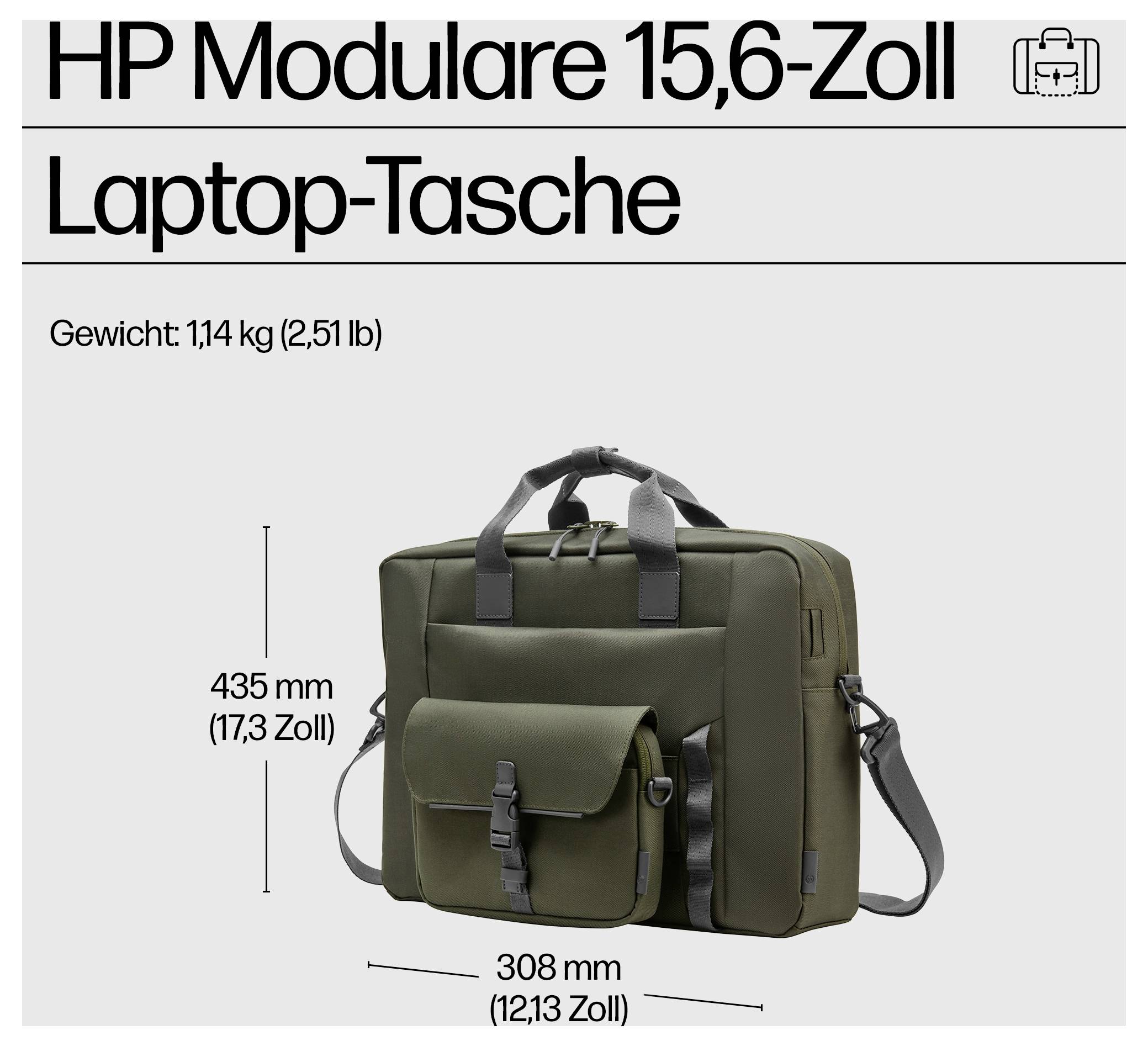 HP Laptop-Tasche, 15,6 Zoll, Gewicht 1,14 kg. Maße: 435 mm Höhe, 308 mm Breite. Olivgrün, mit verstellbarem Schultergurt und Vordertasche.