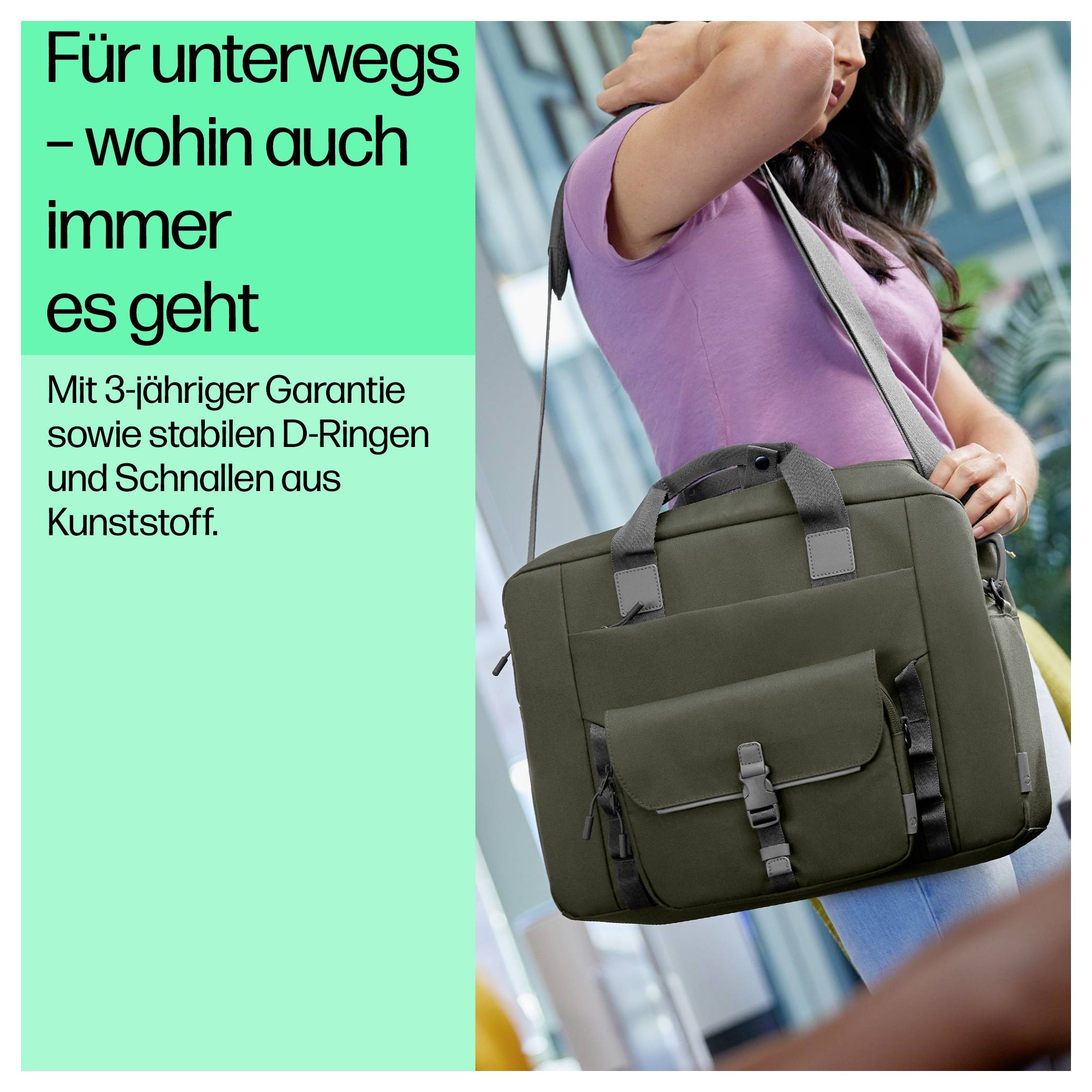 Frau trägt schwarze Tasche mit Schulterriemen. Text: 'Für unterwegs – wohin auch immer es geht'. Tasche hat 3 Jahre Garantie.