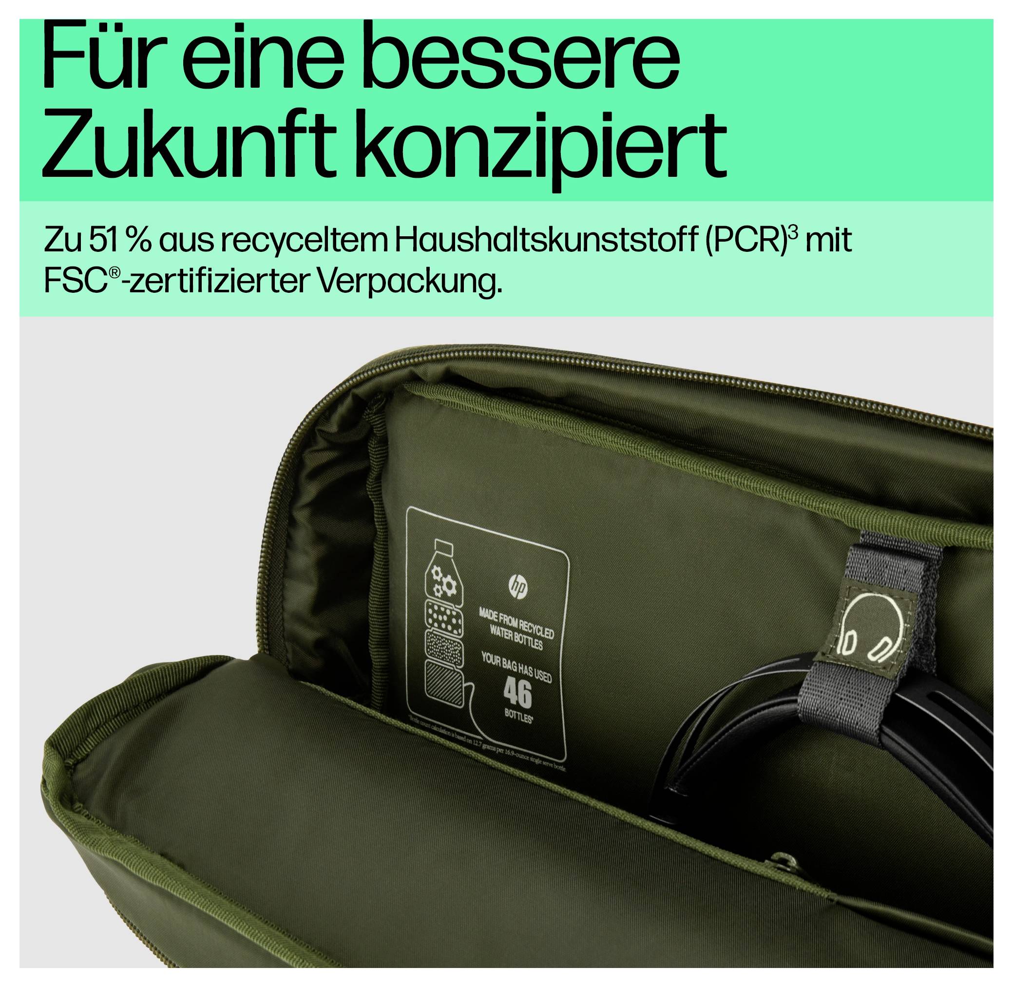 Laptop-Tasche aus recyceltem Haushaltskunststoff, detailliert mit Kennzeichnungen und Text über nachhaltige Verpackung.