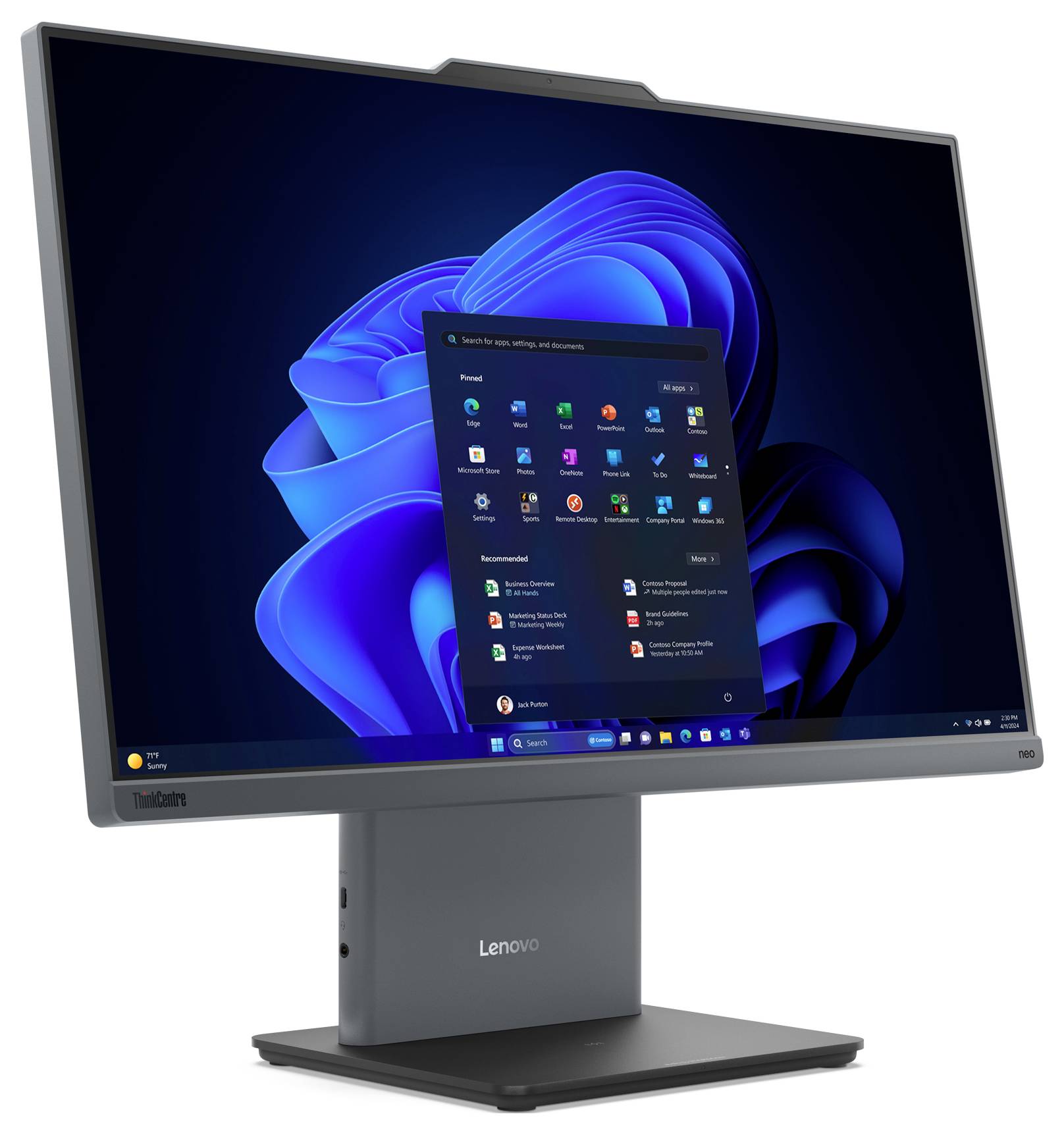 Ein Monitor von Lenovo zeigt den Startbildschirm mit dem Windows 11-Startmenü, umgeben von Symbolen für verschiedene Apps.