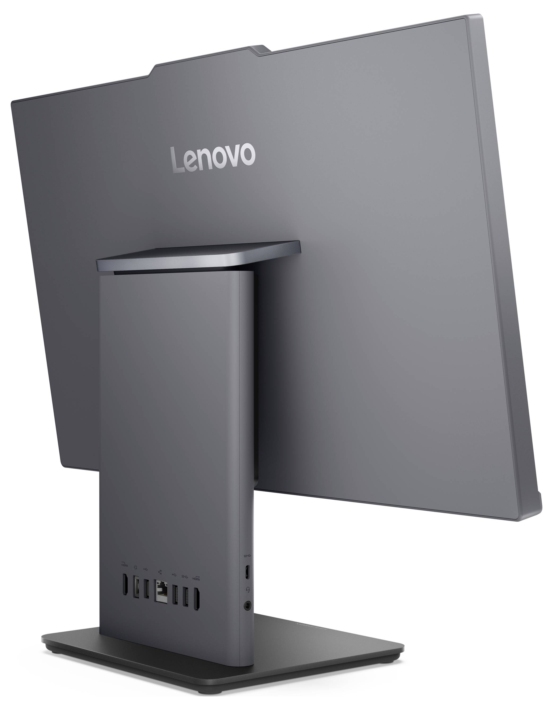 Ein grauer Lenovo-Monitor von hinten, leicht geneigt. Deutliche Kabelanschlüsse an der Rückseite des Standfußes sichtbar.