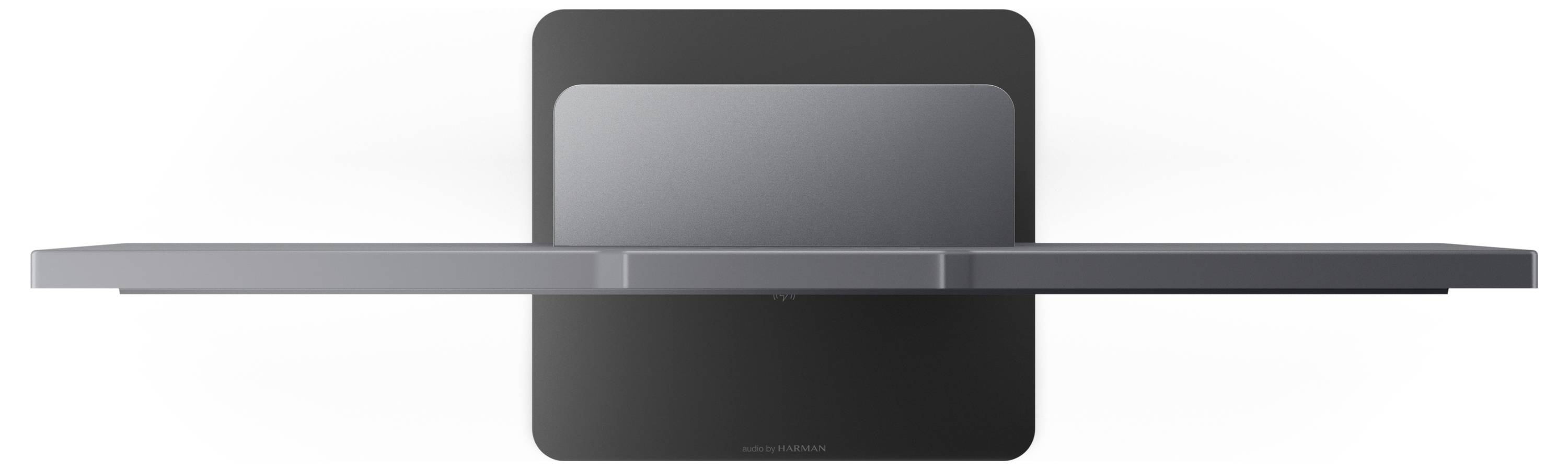 Großer, rechteckiger Wandspiegel mit schmalem horizontalem Ablagefach darunter, modernes Design, schwarz und silberfarben.