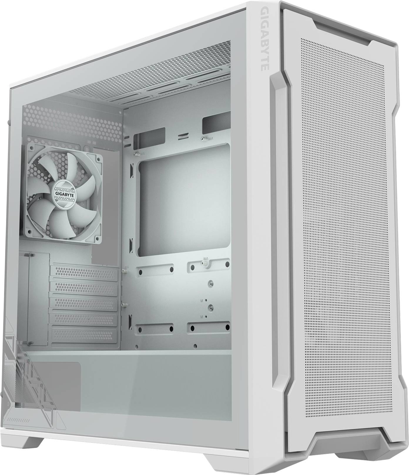 Weißes Computergehäuse in einem modernen Design mit Sichtfenster und einem internen Lüfter; geeignet für PC-Bauprojekte.