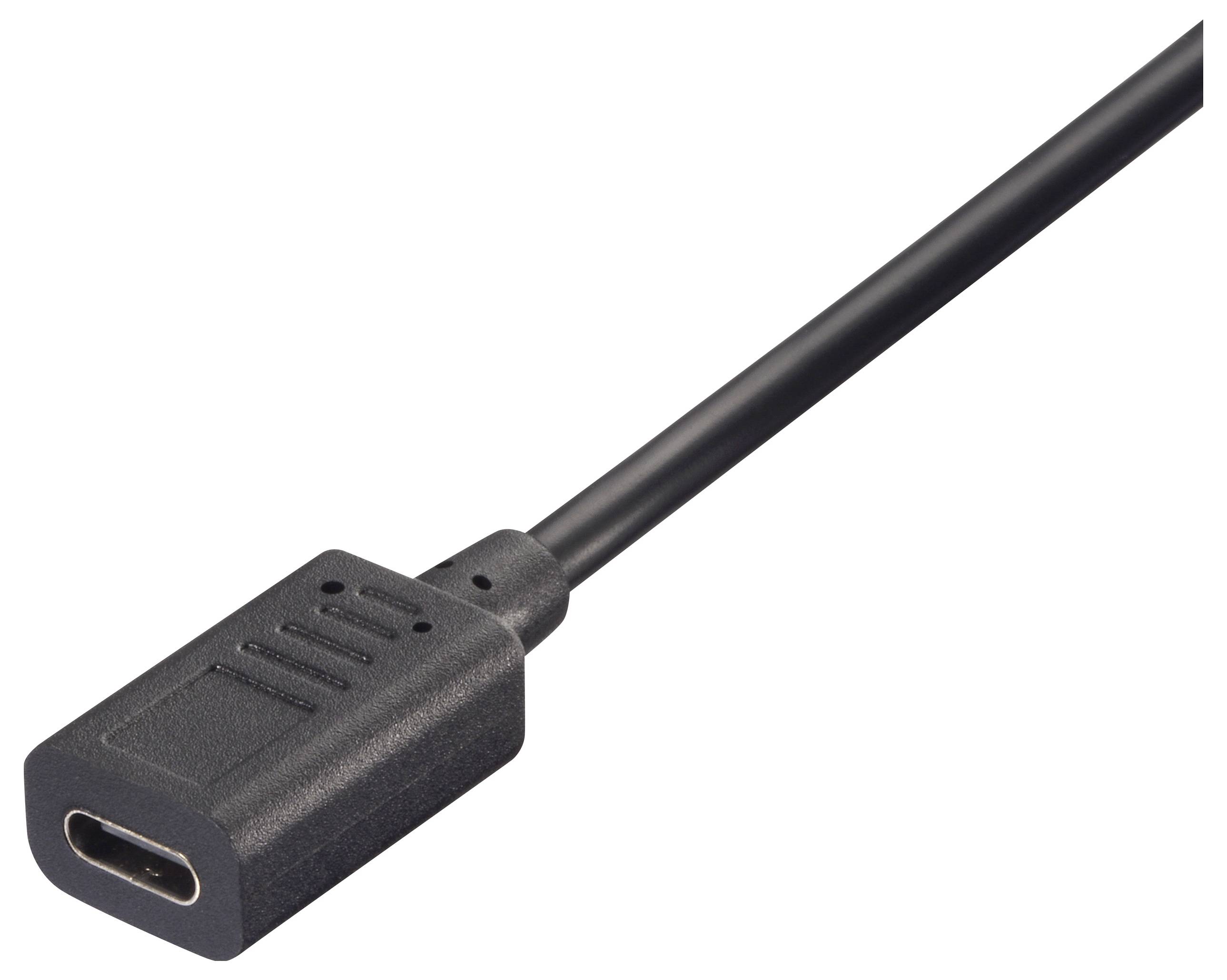 USB-C-Verlängerungskabel endet mit einer weiblichen Buchse. Schwarzes Kabel für Datenübertragung oder Laden.