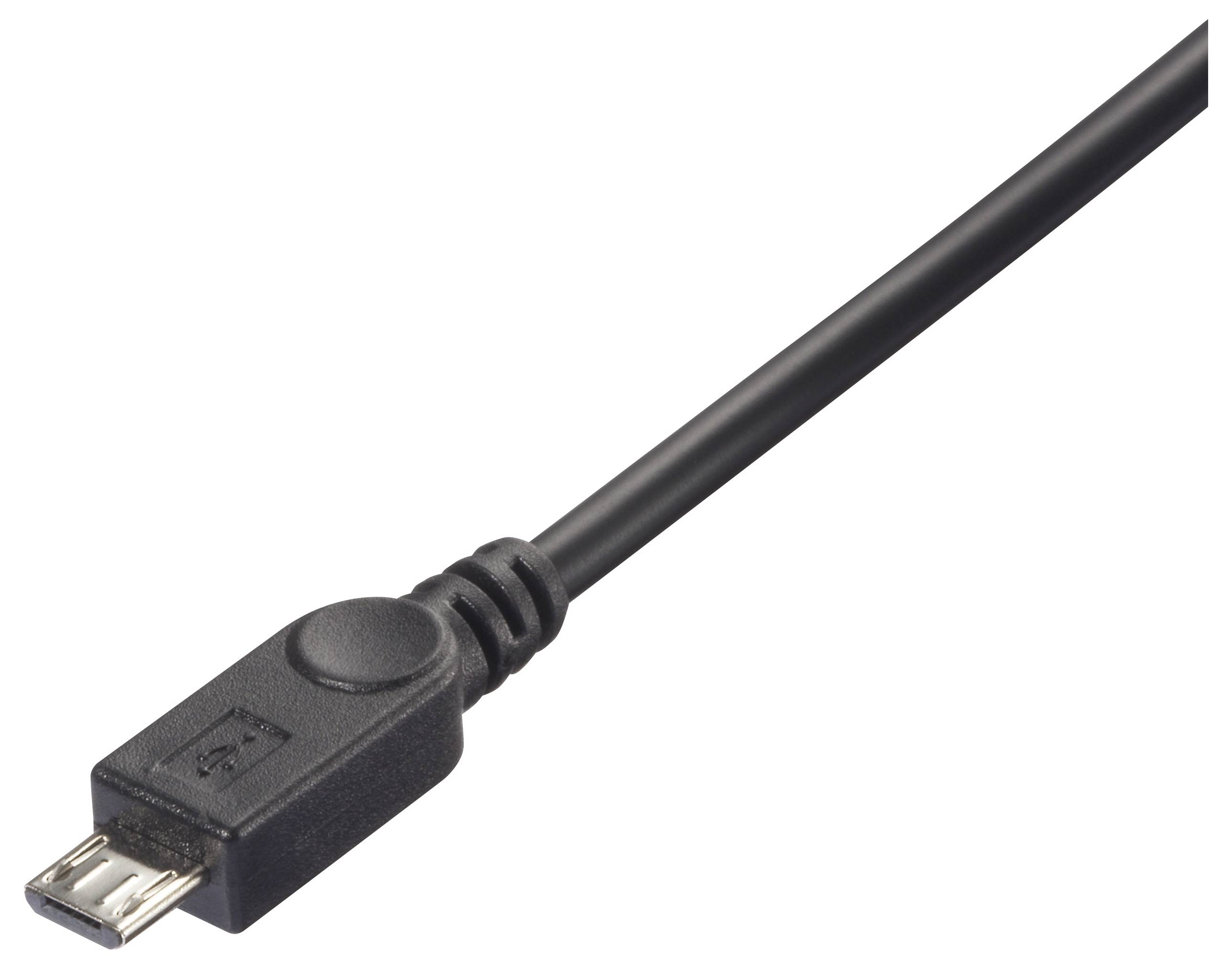 Schwarzes Mikro-USB-Kabel mit Steckverbinder, geeignet zum Aufladen und Datenübertragung.