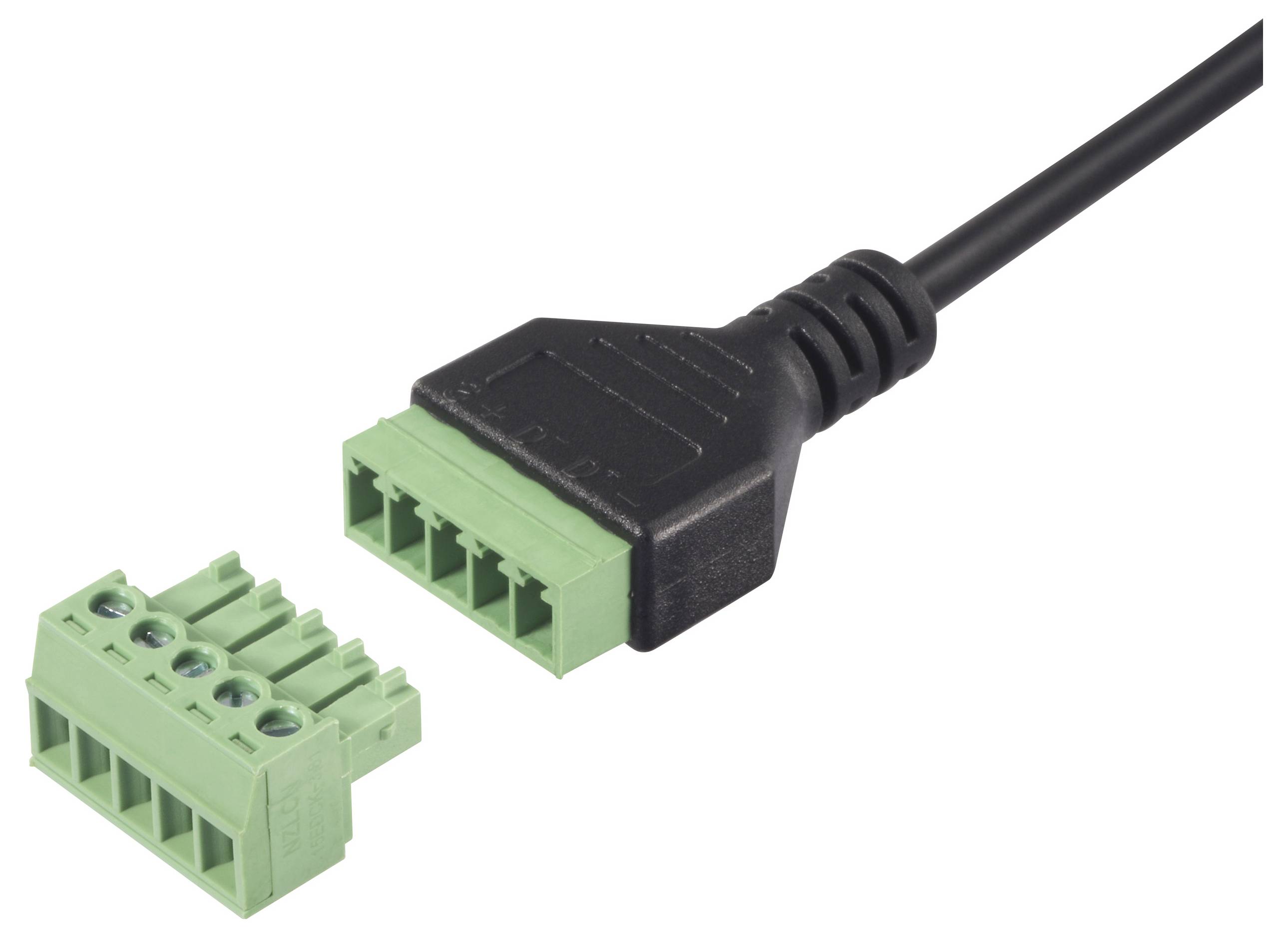 Ein schwarzes Kabel mit einem grünen Steckeranschluss, getrennt von einem grünen Terminalblock-Stecker.