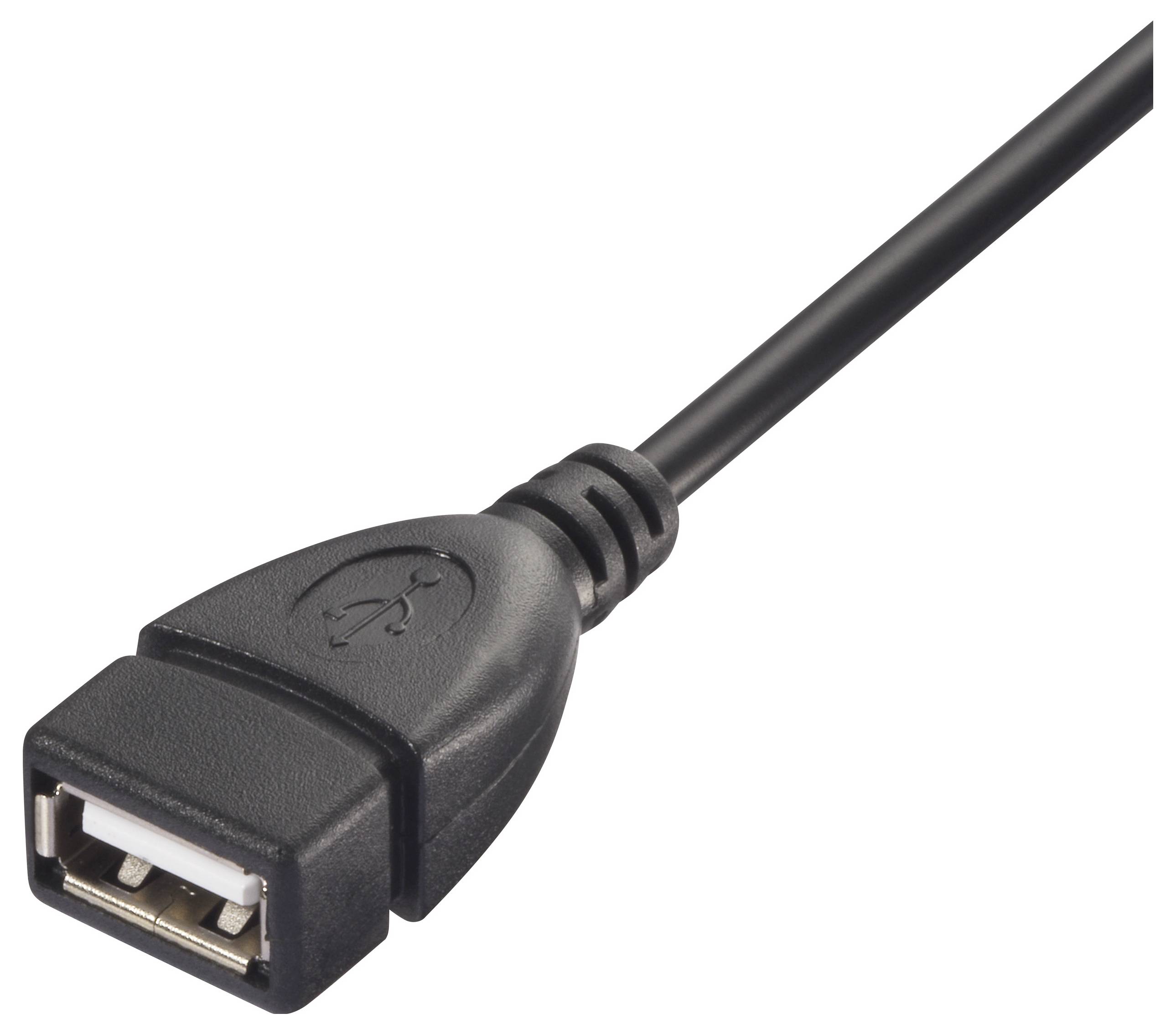Ein schwarzes USB-Verlängerungskabel mit einer USB-A-Buchse; erkennbares USB-Symbol auf dem Stecker.
