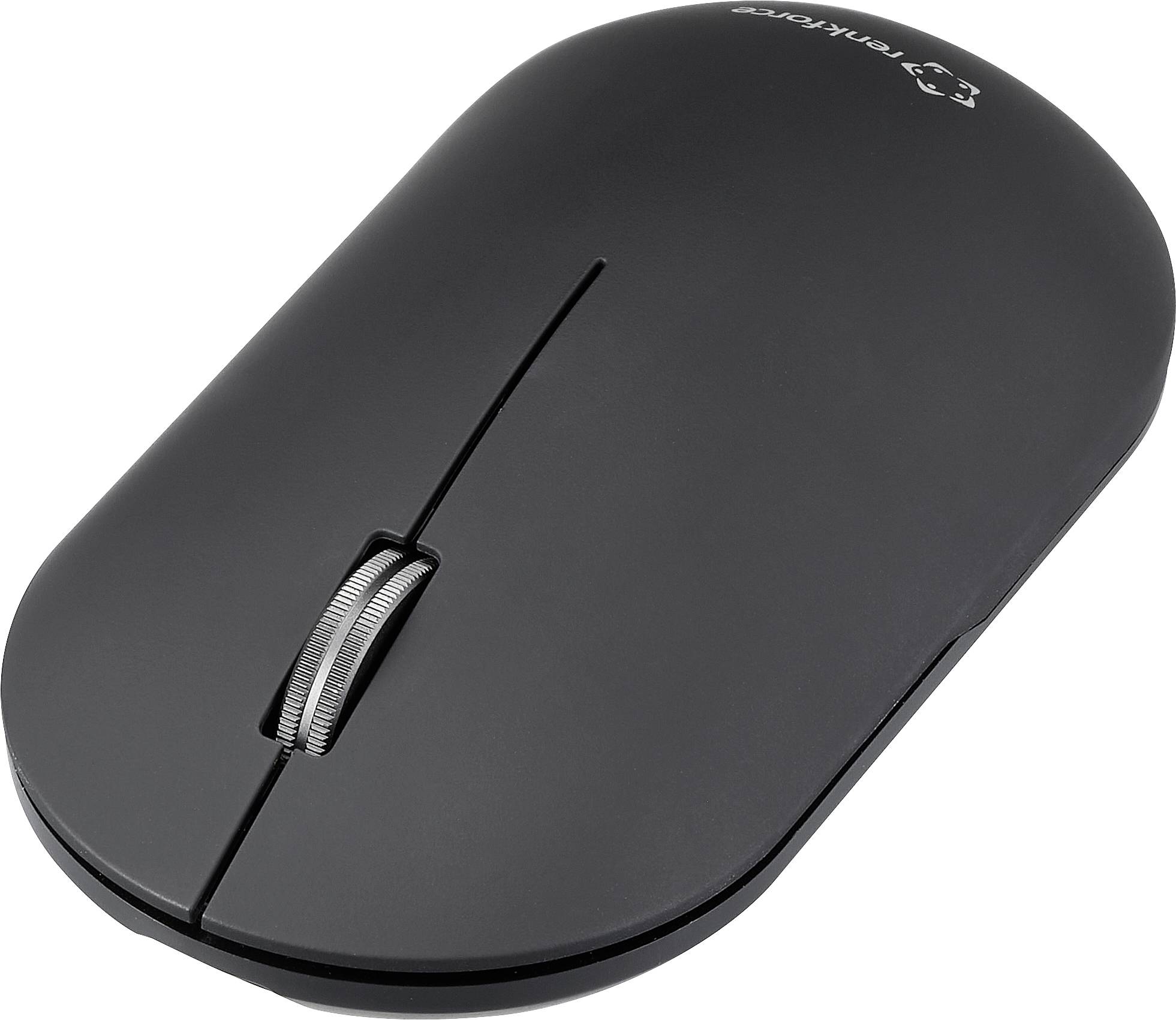 Eine schwarze, kabellose Computermaus mit schlichtem Design und einem Scrollrad.