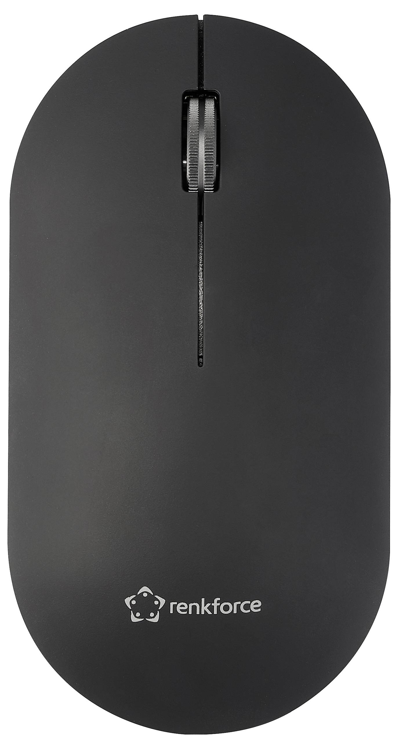 Schwarze kabellose Maus mit einem mittigen Scrollrad und dem weiß gedruckten Markennamen 'renkforce' auf der Vorderseite.