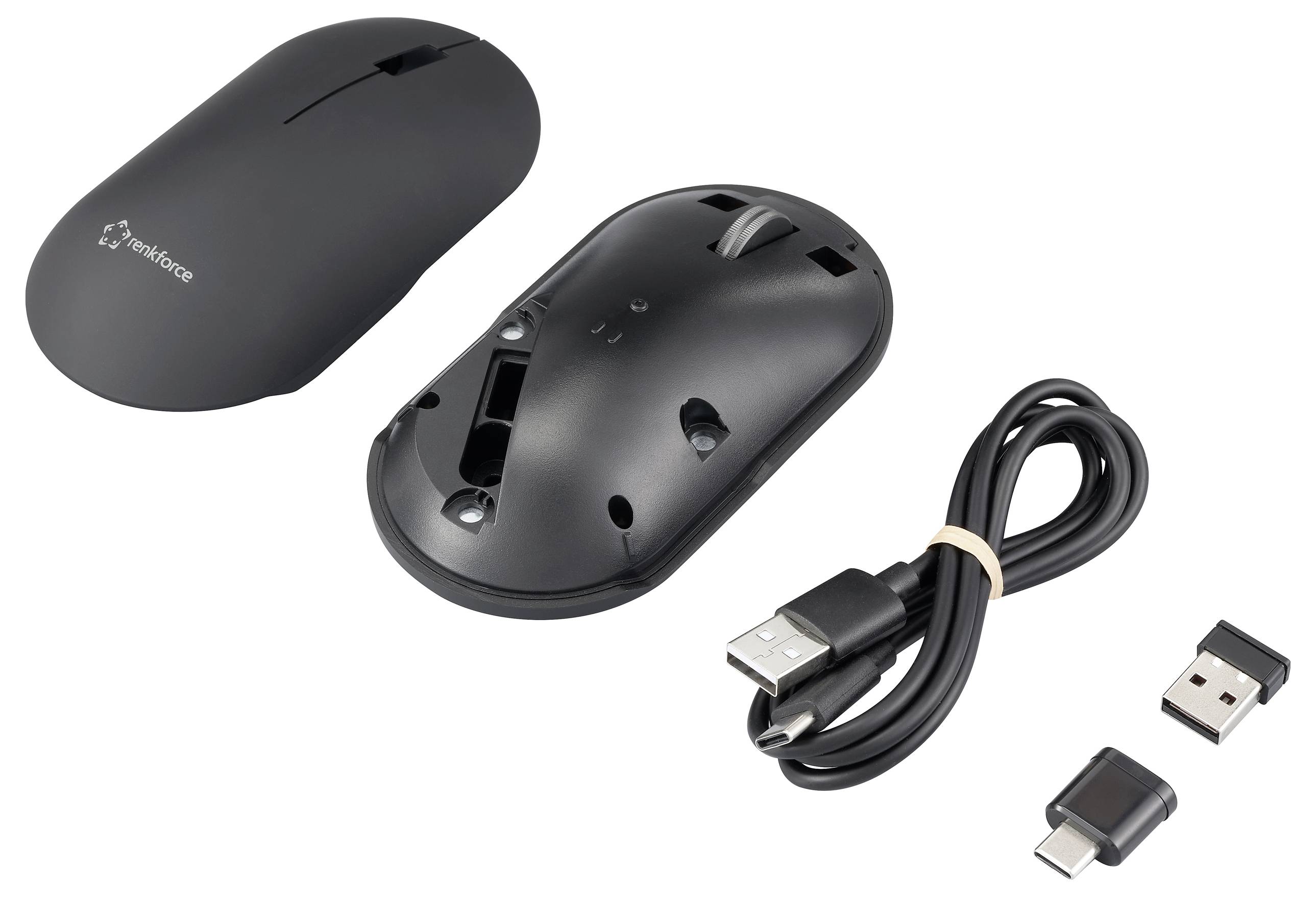 Schwarze, kabellose Computermaus mit abnehmbarer Schale, USB-Kabel und zwei USB-Adapter, auf einer weißen Oberfläche liegend.