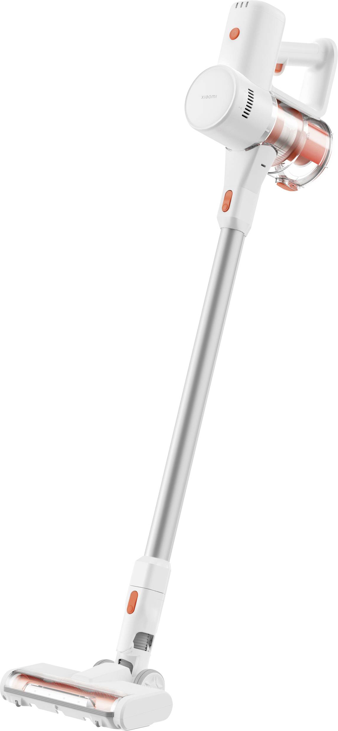 Ein weißer kabelloser Staubsauger mit orangefarbenen Akzenten und transparenter Staubkammer, ideal für die Bodenreinigung.