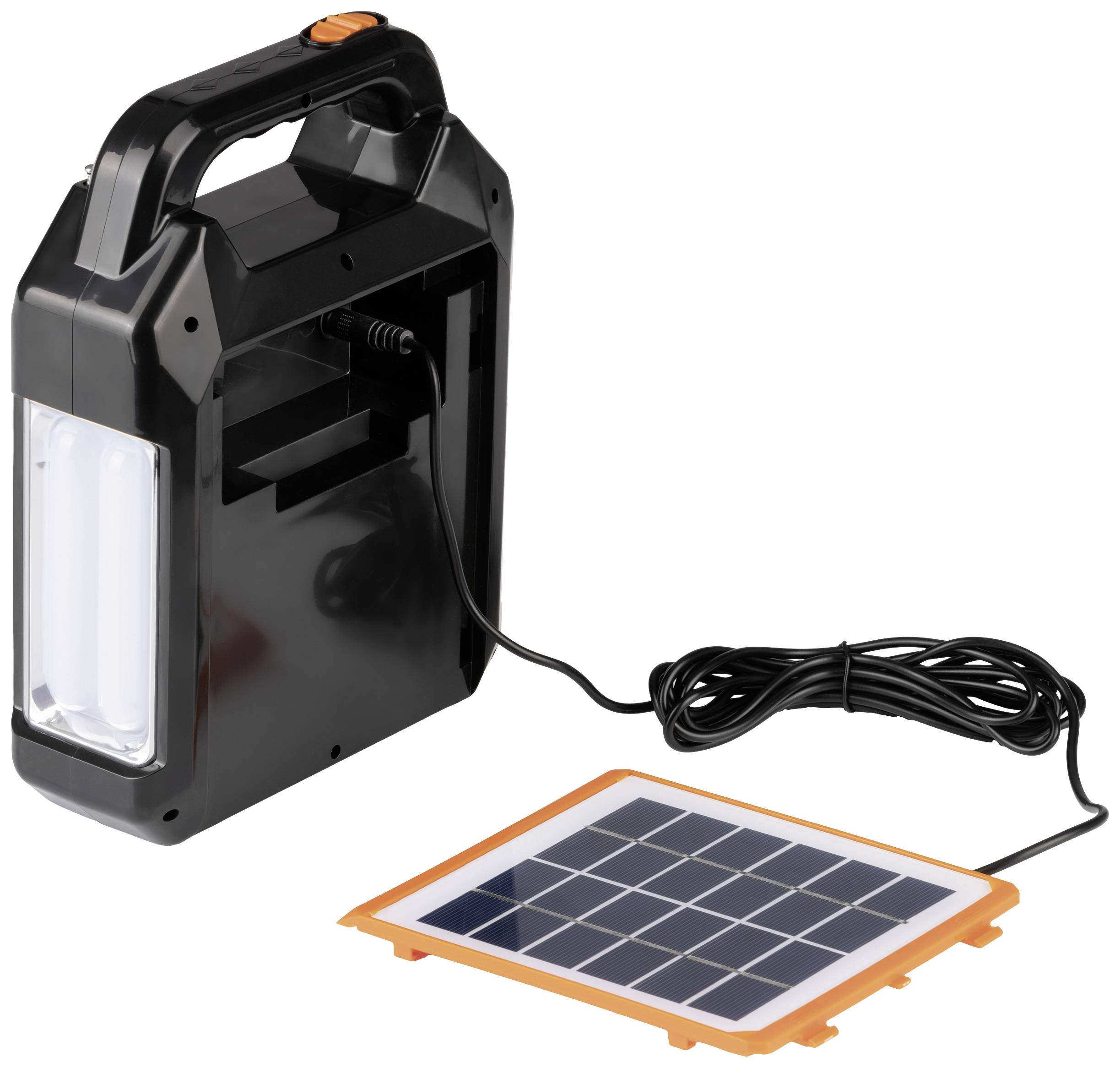 Solarbetriebene Lampe mit Solarpanel und Kabelanschluss, geeignet für netzunabhängige Beleuchtung in Außenbereichen.