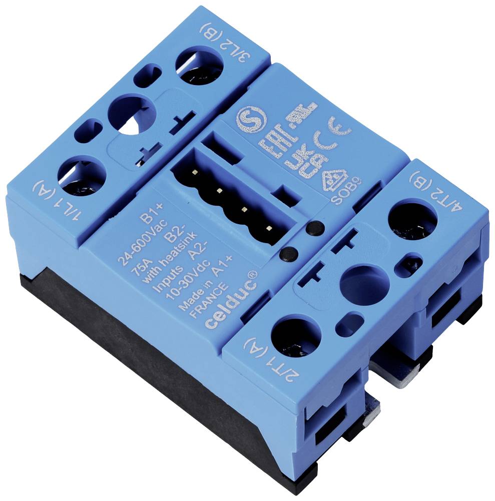 Blauer elektronischer Halbleiterrelais mit Markierungen und Spezifikationen, verwendet in elektrischen Schaltungen für Schaltaufgaben.
