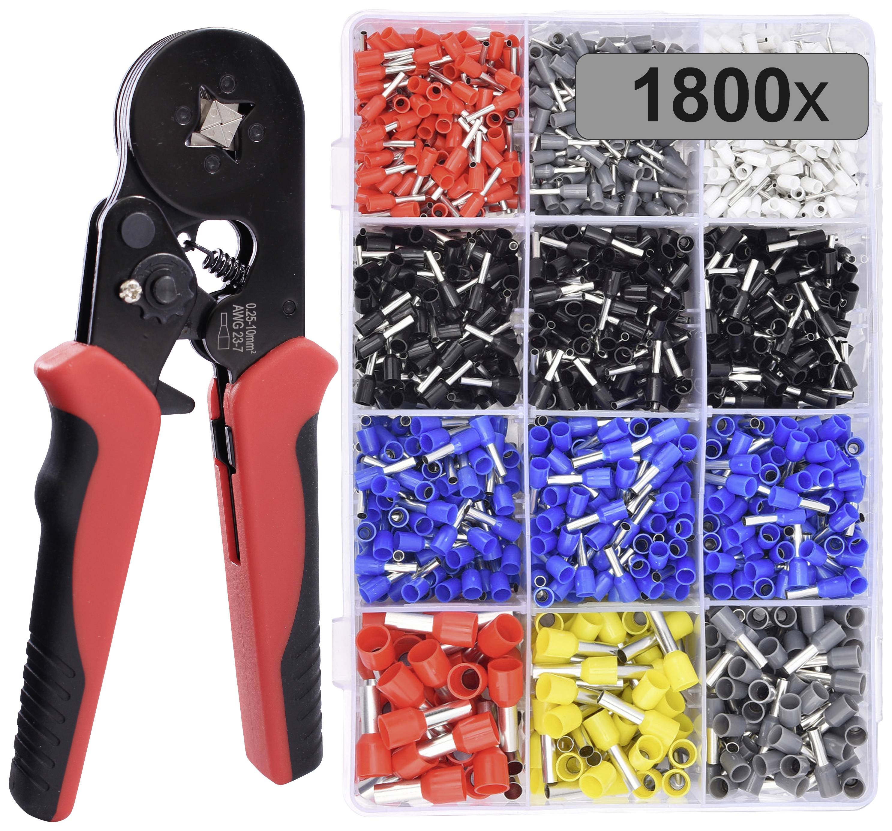 Crimpzange mit Kunststoffgriffen und Sortimentsbox mit 1800 isolierten Kabelschuhen in verschiedenen Farben und Größen.