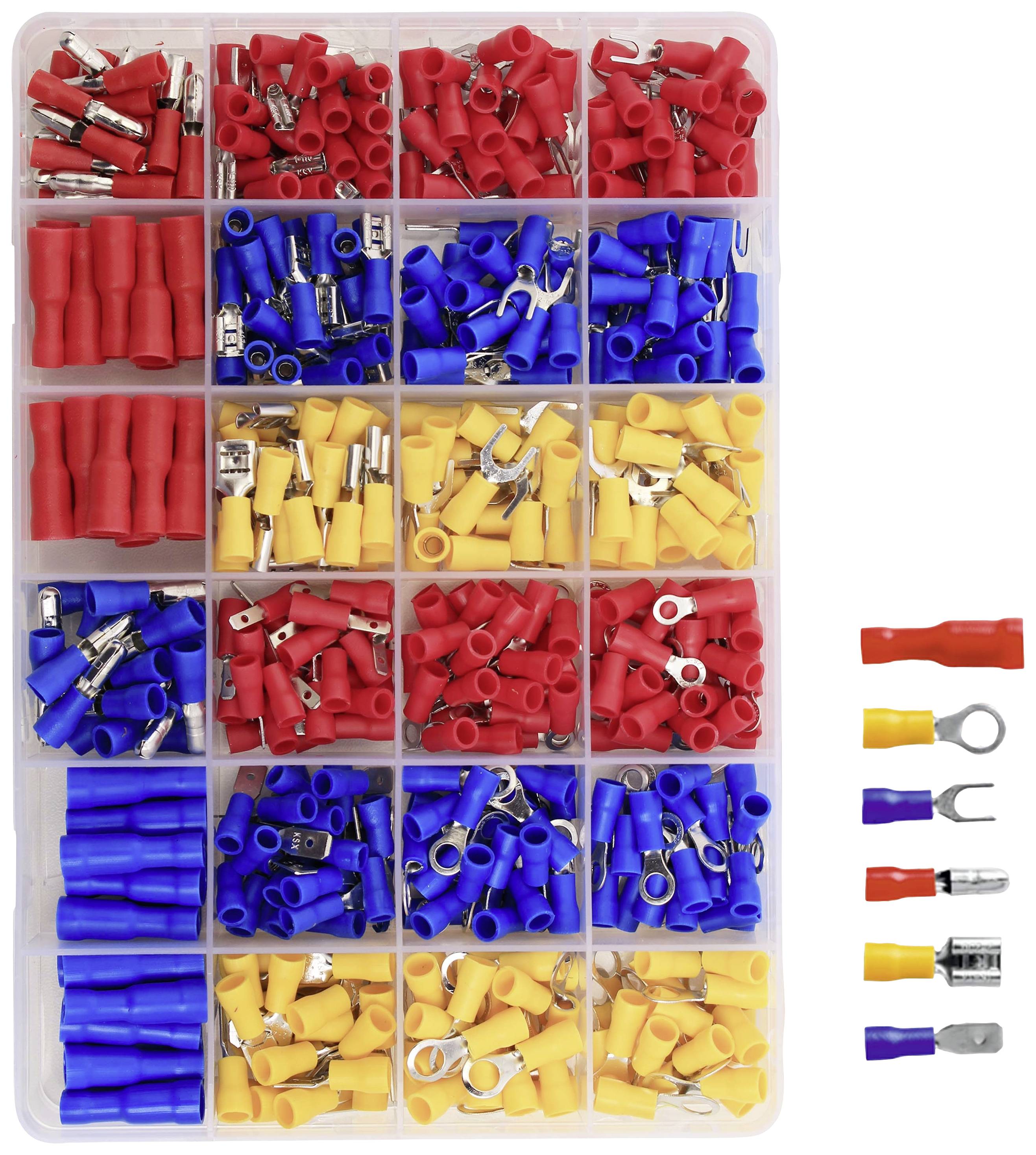 Eine transparente Box mit Fächern enthält rote, blaue und gelbe Kabelverbinder unterschiedlicher Formen und Größen. Rechts sind Beispiele abgebildet.