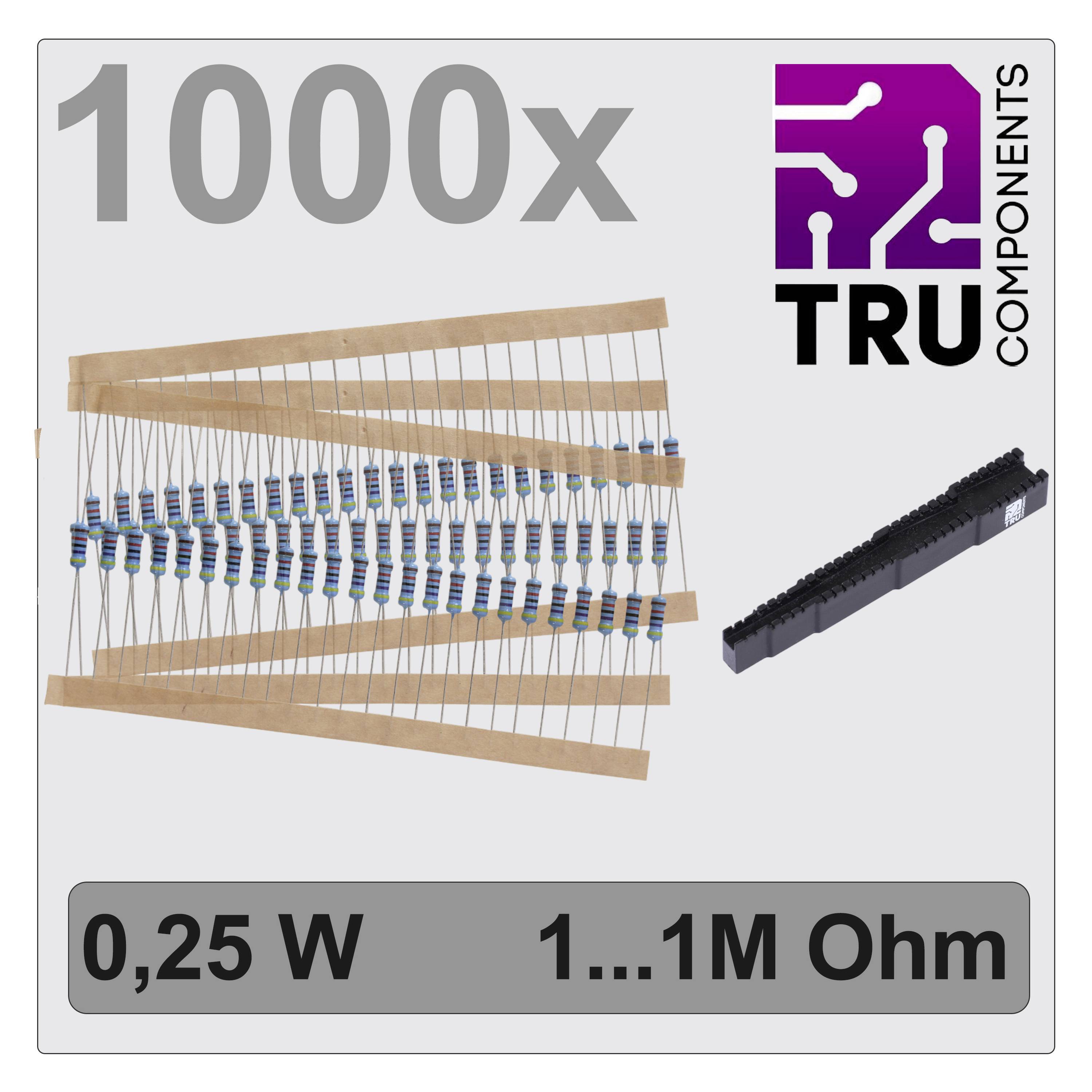 '1000x TRU COMPONENTS Widerstandssortiment, 0,25 W, 1...1M Ohm.' Hochleistungs-Widerstandssatz mit verschiedenen Widerstandswerten.