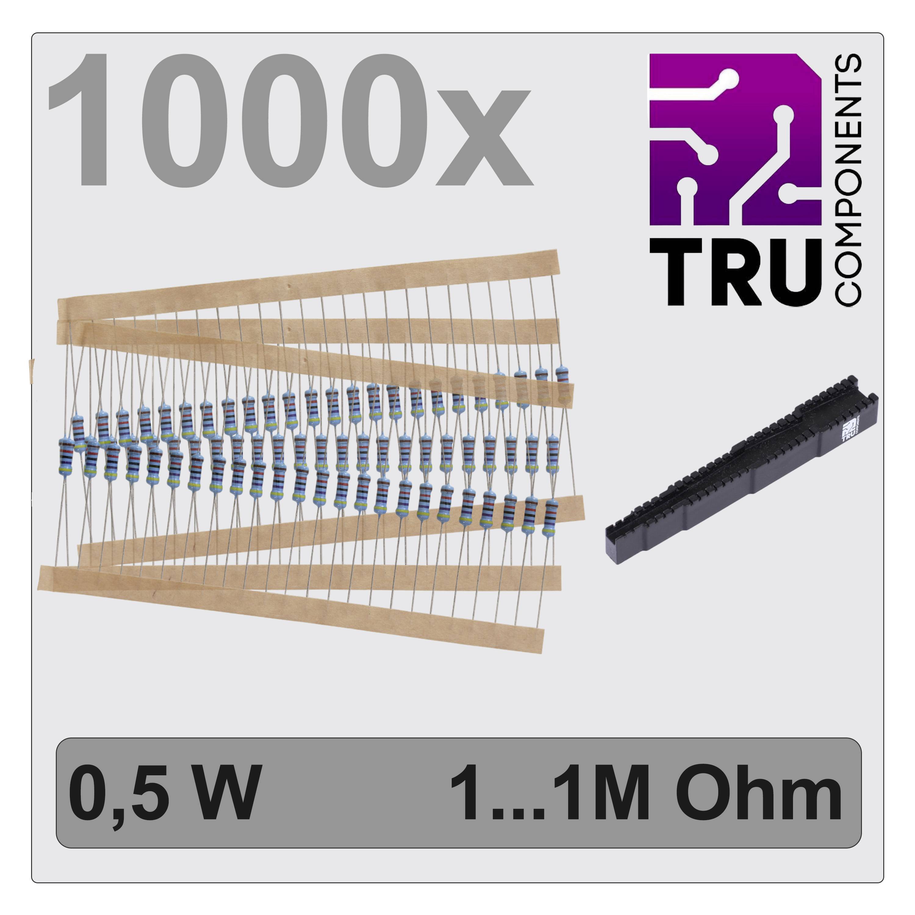 Packung mit 1000 Widerständen von TRU Components, Widerstandswerte von 1 bis 1M Ohm, Leistung 0,5 W.