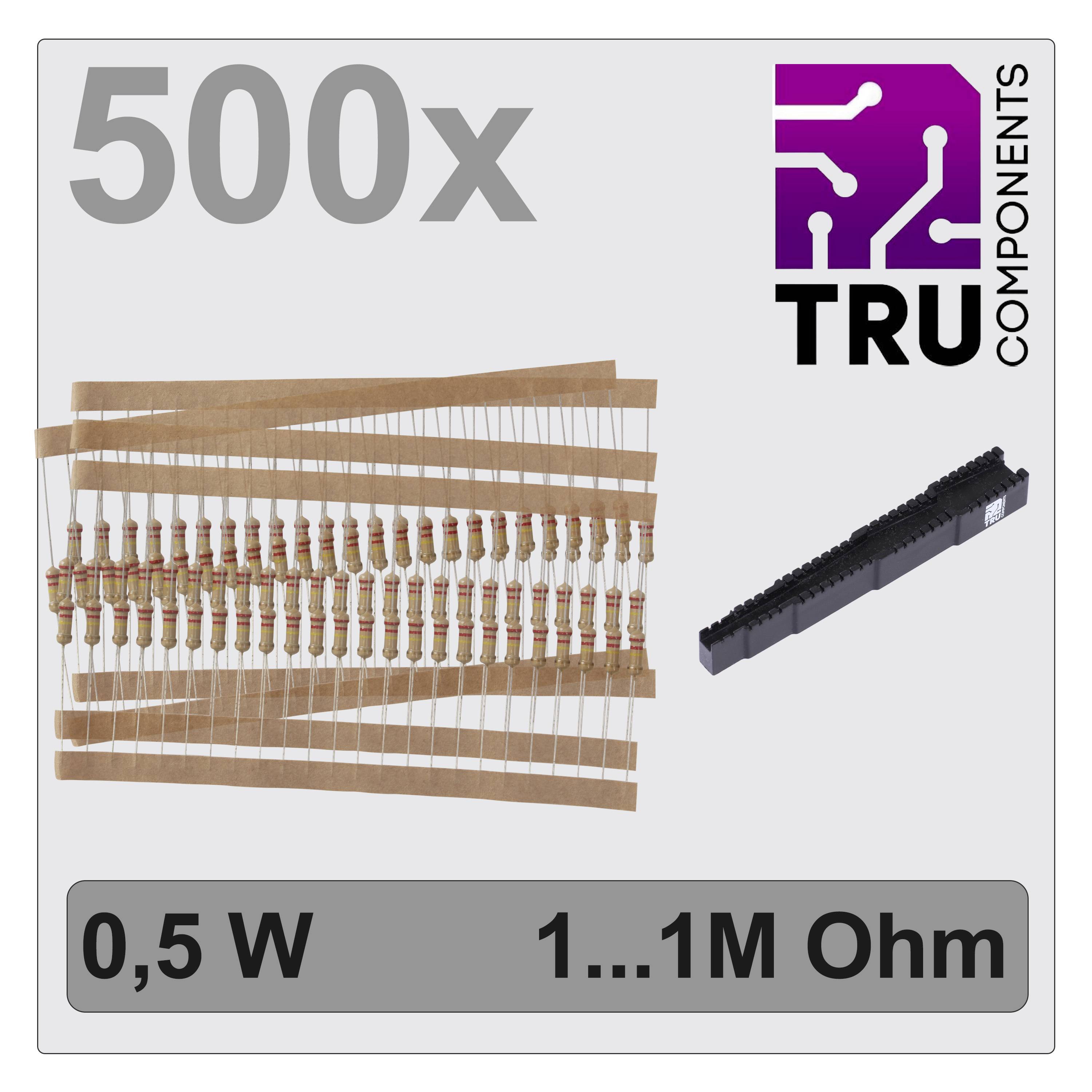 500x 0,5 W 1...1M Ohm Resistor-Set von TRU Components, mit einem Bild der Widerstände in Kartonverpackungen und einem Logo oben rechts.
