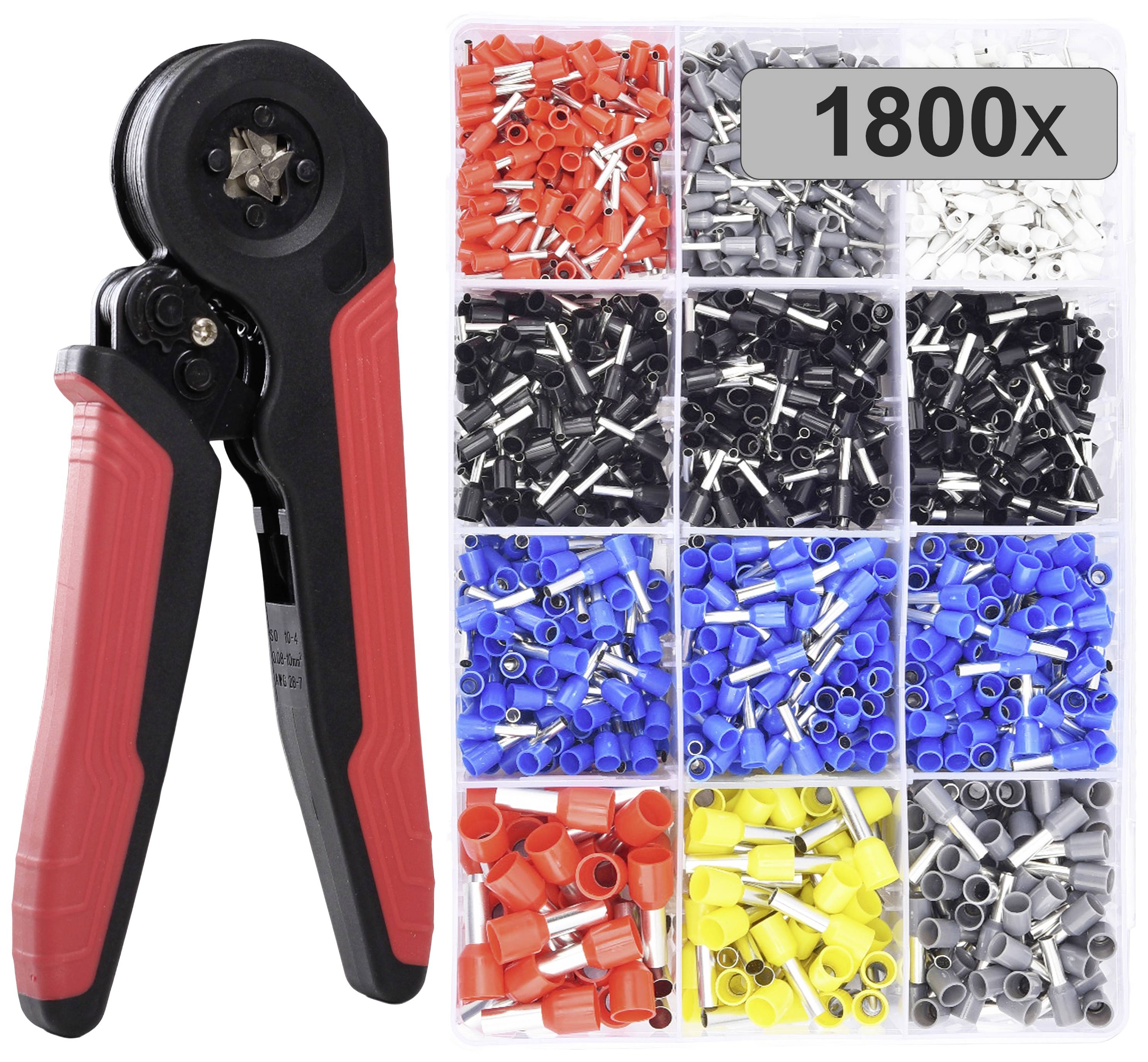 Crimpzange mit 1800 farbigen Aderendhülsen in einer Box. Farben umfassen Schwarz, Blau, Rot, Gelb und Grau.