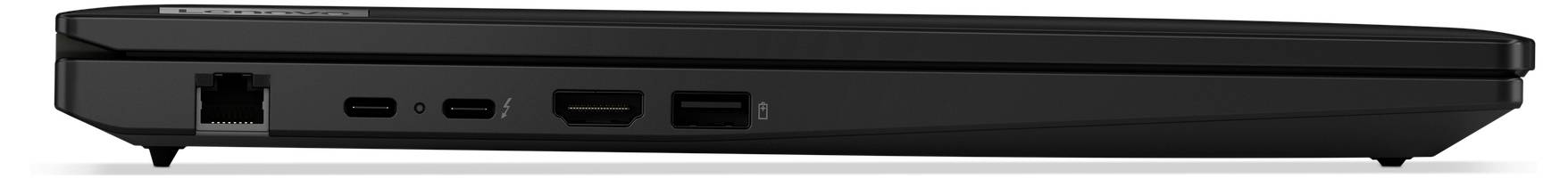 Ein schwarzer, rechteckiger Elektronikgerät von der Seite gesehen mit mehreren Anschlüssen, darunter USB- und HDMI-Ports.