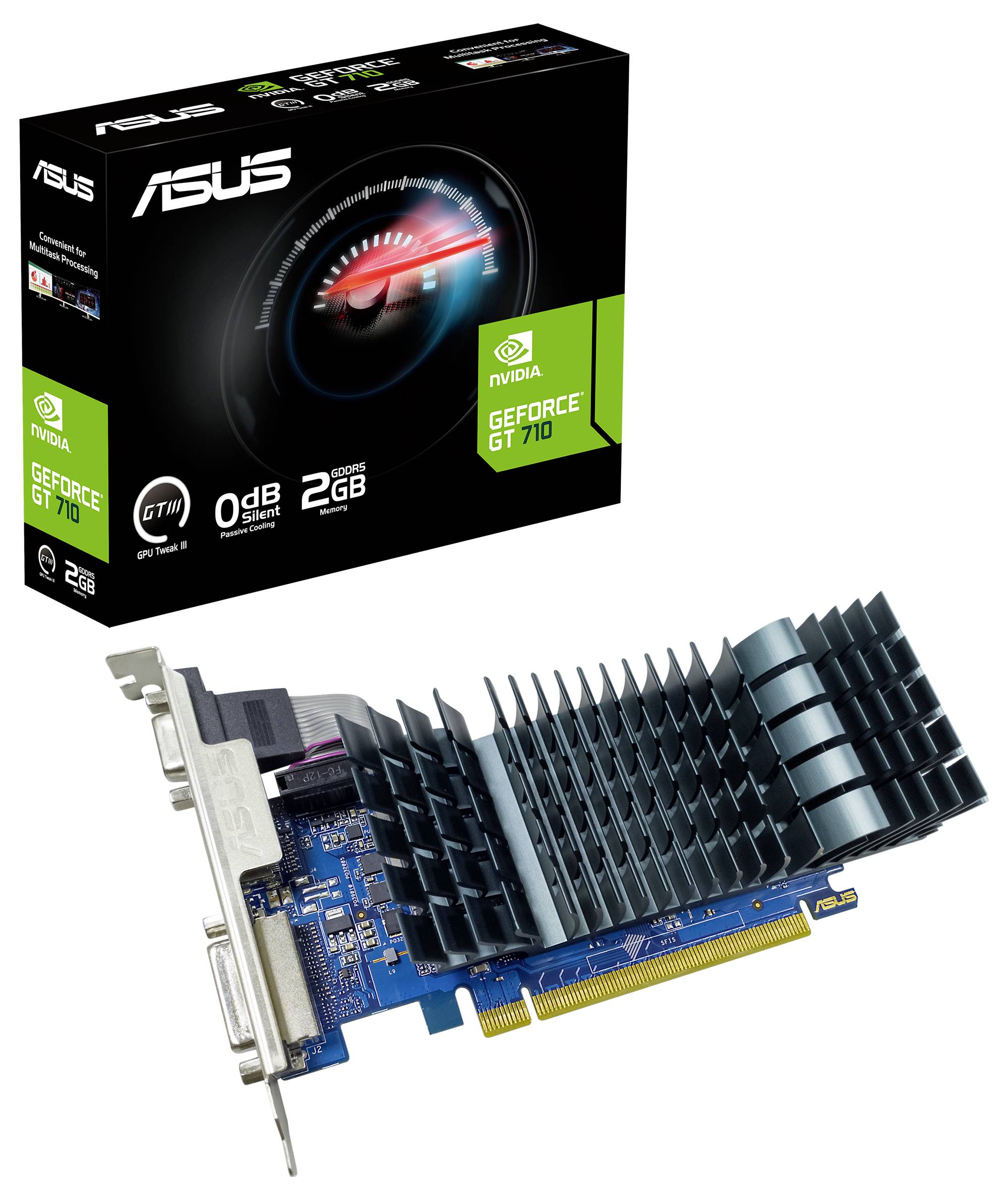 'ASUS GeForce GT 710 2GB'; Grafikarte mit passiver Kühlung neben der Verpackung.