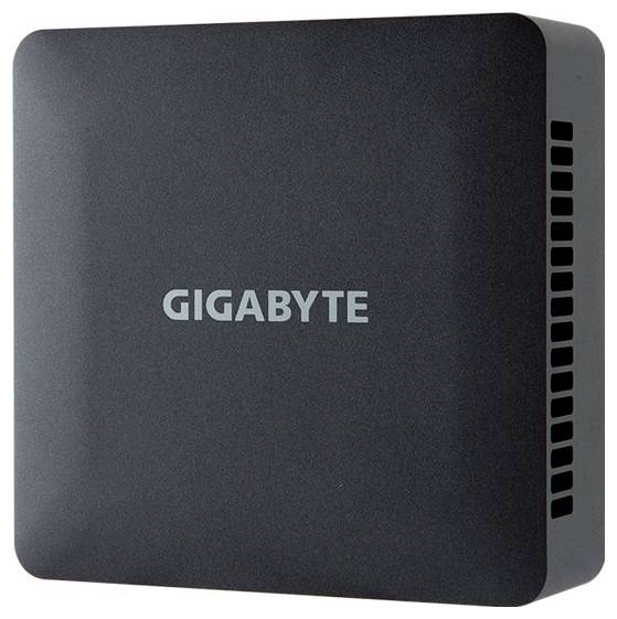 Schwarzer Mini-PC von Gigabyte mit schlichtem Design und seitlichen Lüftungsschlitzen, frontal mit dem Logo 'GIGABYTE'.