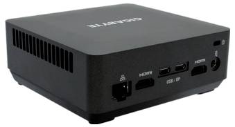 Ein schwarzer Mini-Computer mit mehreren Anschlüssen auf der Rückseite, einschließlich HDMI und USB/DP.