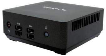 Ein kompakter schwarzer Computer von GIGABYTE mit mehreren USB-Ports auf der Vorderseite und einem Power-Knopf.