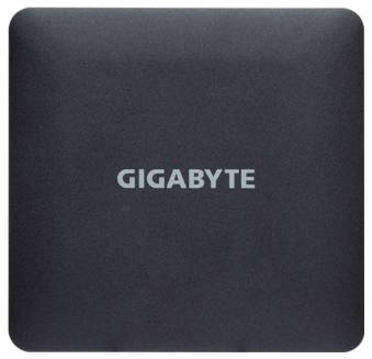 Schwarzes Gerät mit dem Logo 'Gigabyte' in der Mitte auf der Vorderseite.