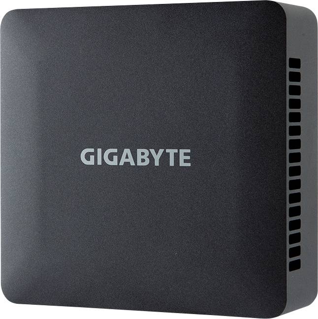 Ein kompakter schwarzer Kasten mit der Aufschrift 'GIGABYTE', wahrscheinlich ein Mini-PC oder eine ähnliche Hardwareeinheit.