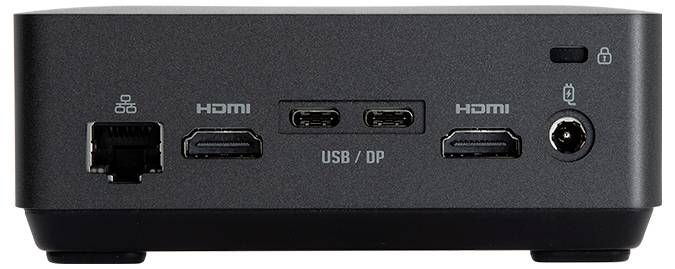 Schwarzes Gerät mit Ports: 1 Ethernet links, 2 HDMI rechts, 2 USB/DisplayPort-Mitten, 1 Stromanschluss, 1 Schlosssymbol oben rechts.