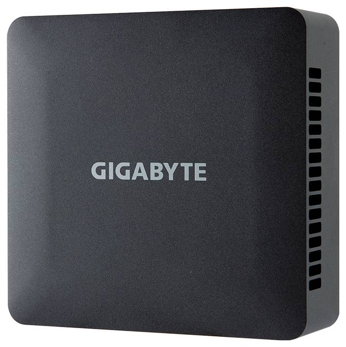 Schwarzes quadratisches Gerät mit dem Markennamen 'GIGABYTE' in der Mitte; zeigt Lüftungsschlitze an der Seite.