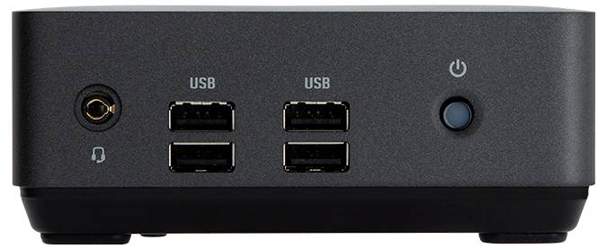 Vorderansicht eines schwarzen Geräts mit vier USB-Anschlüssen, Kopfhöreranschluss und Ein-/Ausschaltknopf.