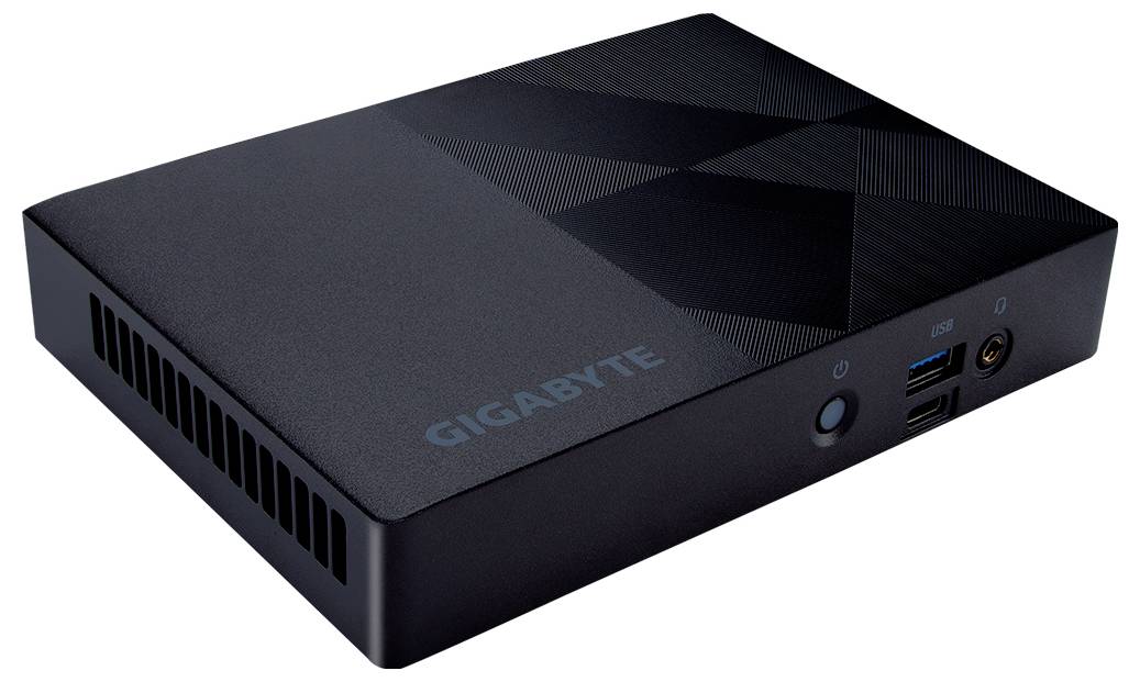 Ein kleines schwarzes Computermodul der Marke Gigabyte mit mehreren Anschlüssen auf der Vorderseite, darunter USB und Audio-Anschlüsse.
